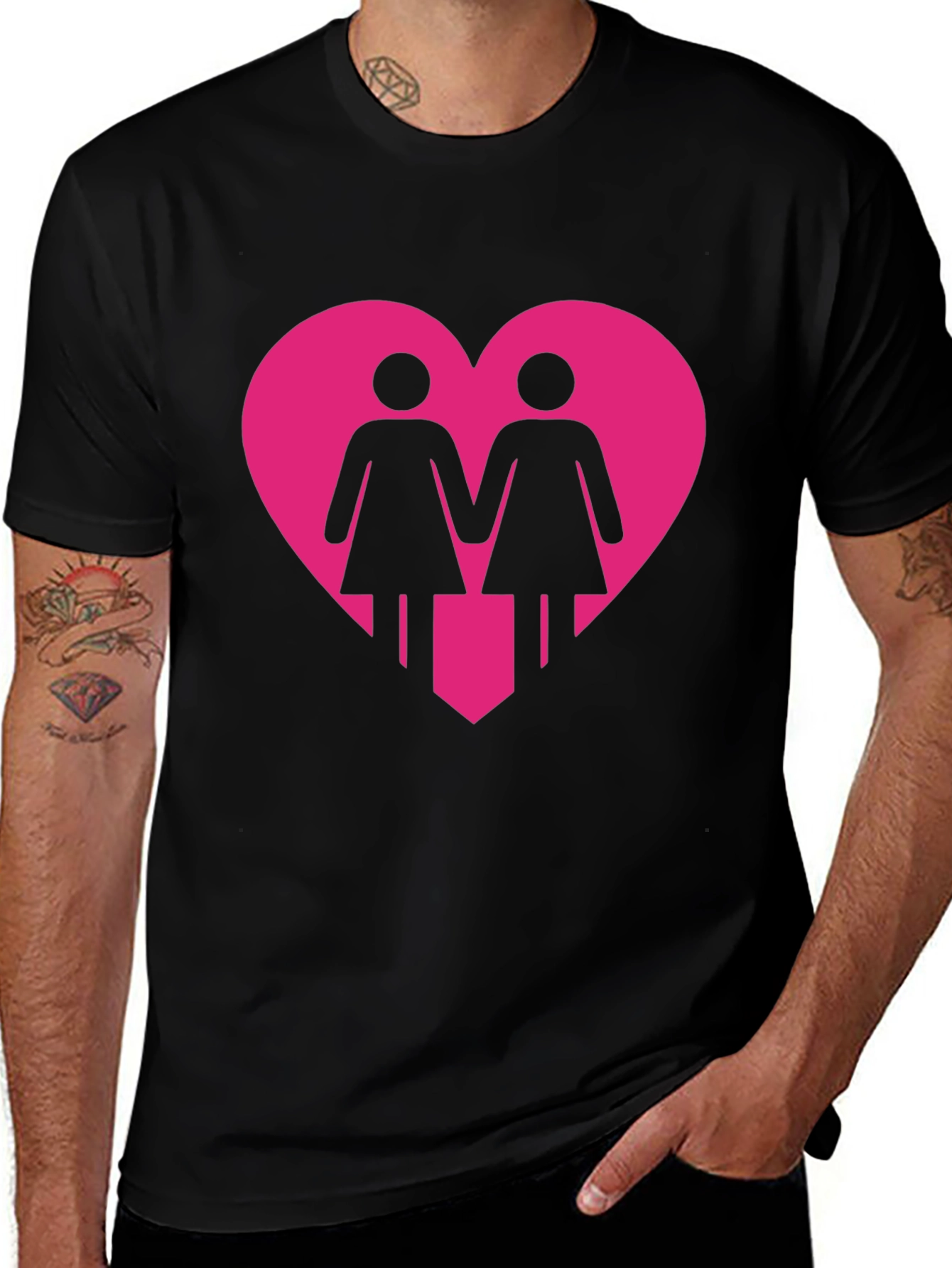 Lesbian Couple Heart Graphic Tee - Black