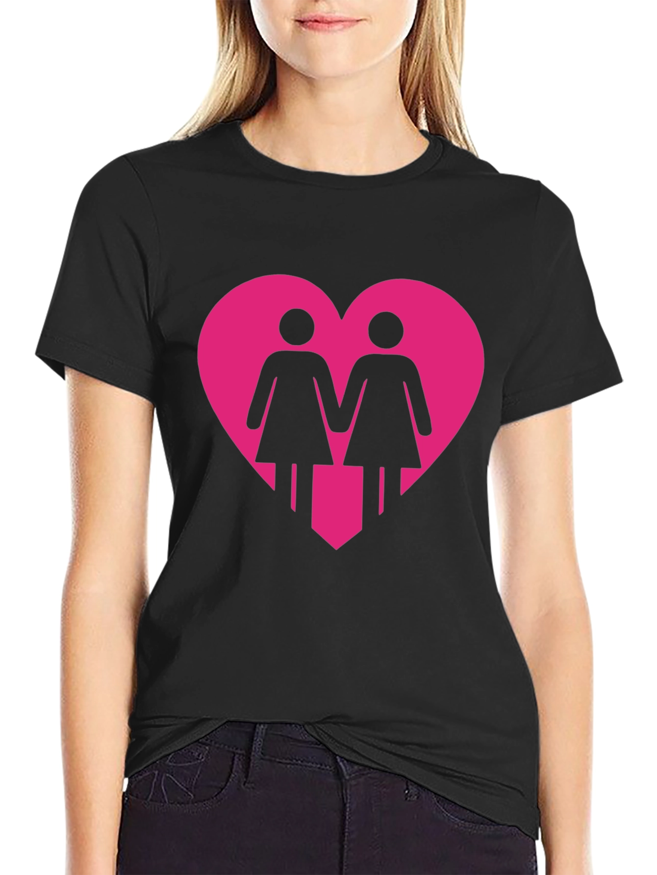 Lesbian Couple Heart Graphic Tee - Black