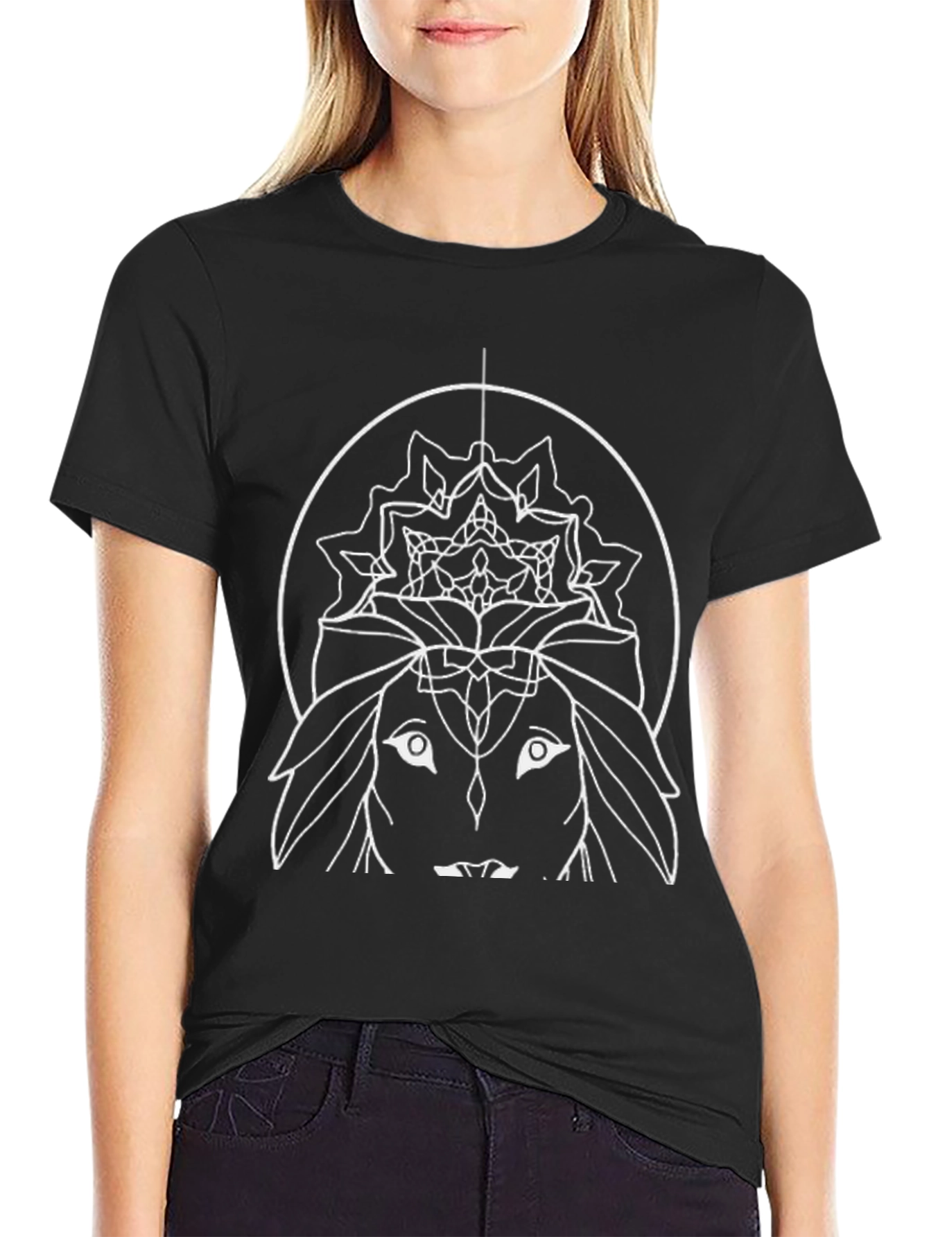 Abstract White Mandala Print Black T-Shirt