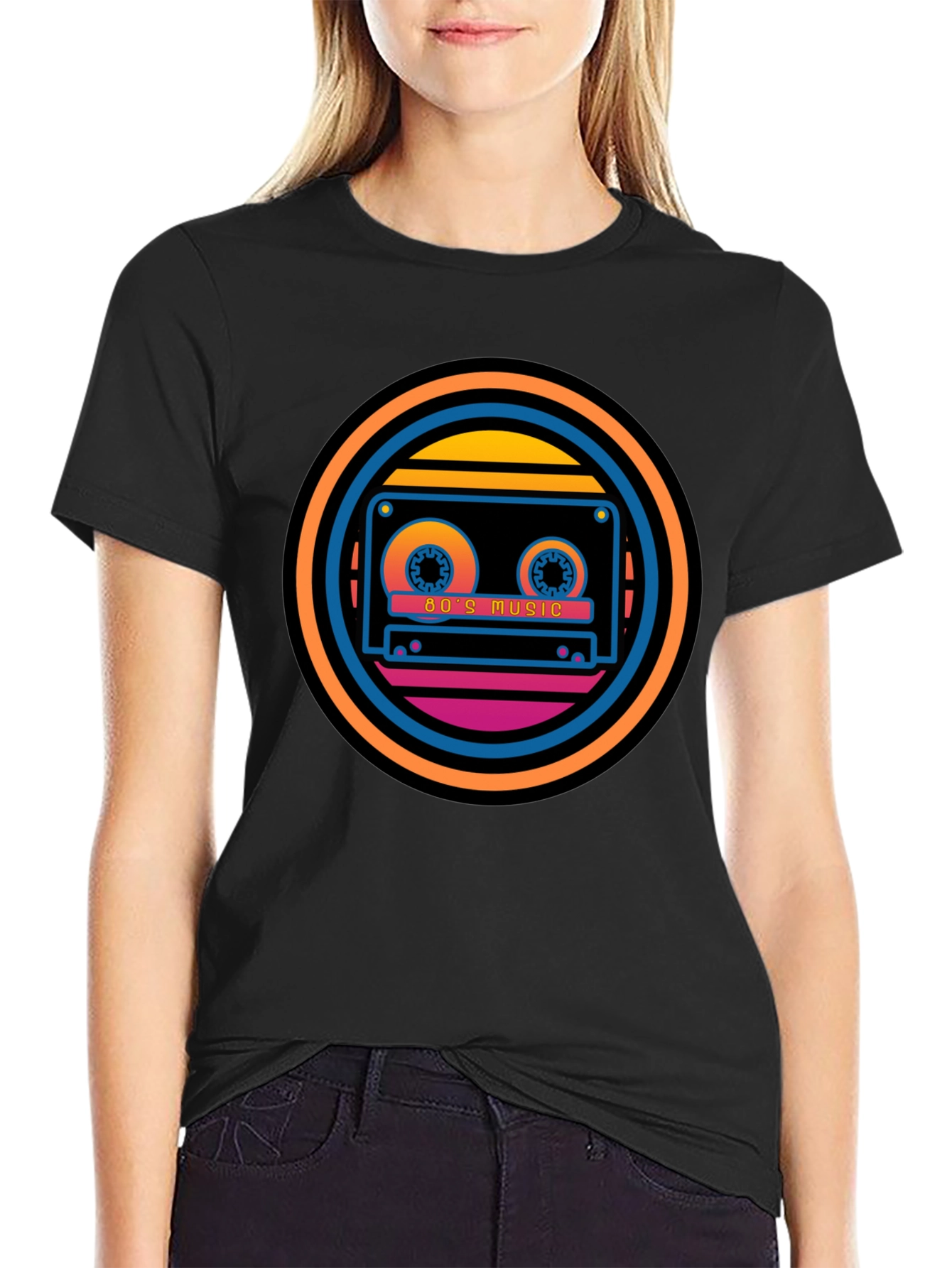 Retro 80s Music Cassette Graphic Tee - Black