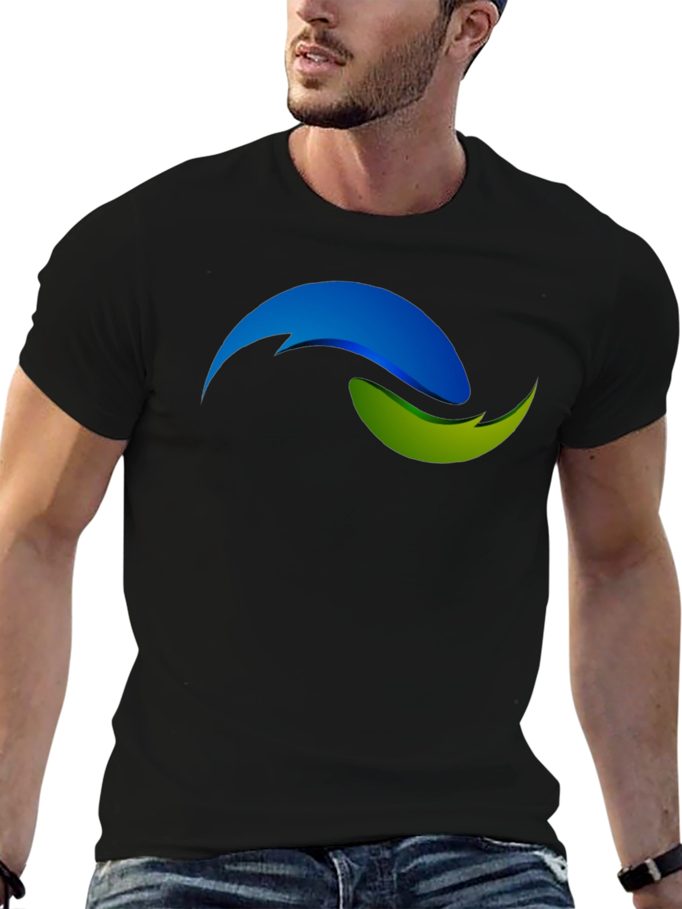 Black T-Shirt with Abstract Blue and Green Design