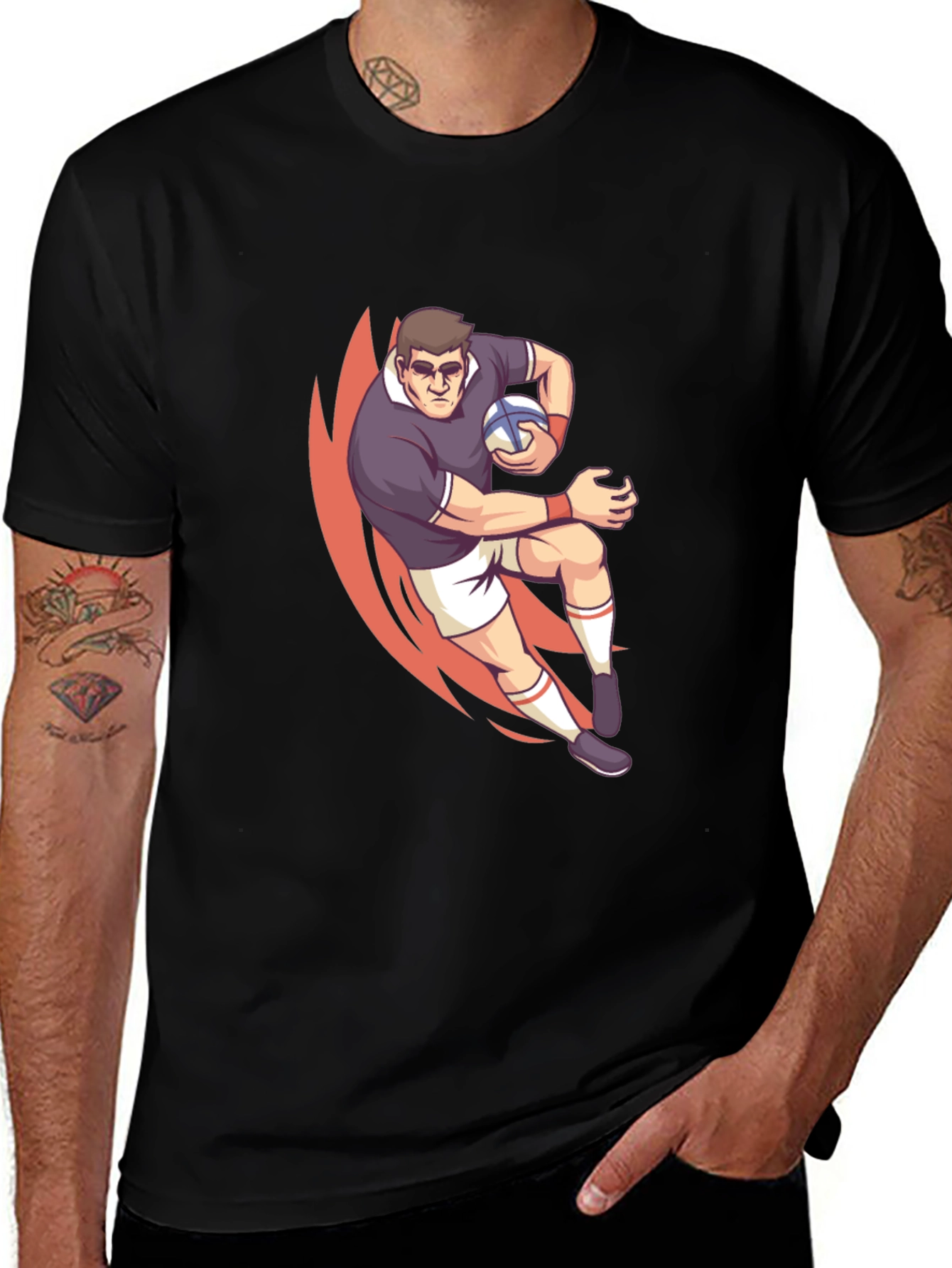Rugby Player Graphic T-Shirt - Black