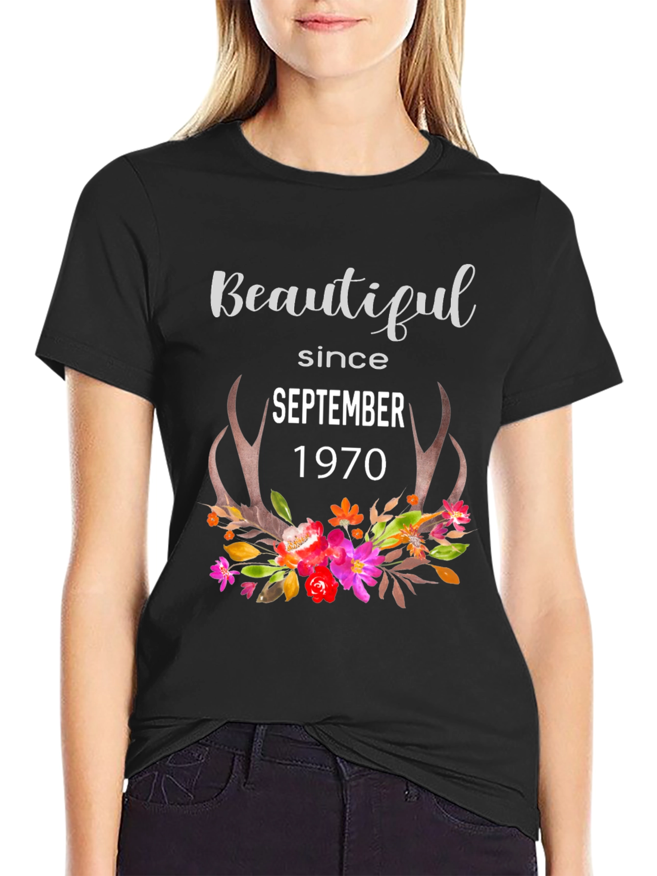 Beautiful Since September 1970 Floral Antler Tee