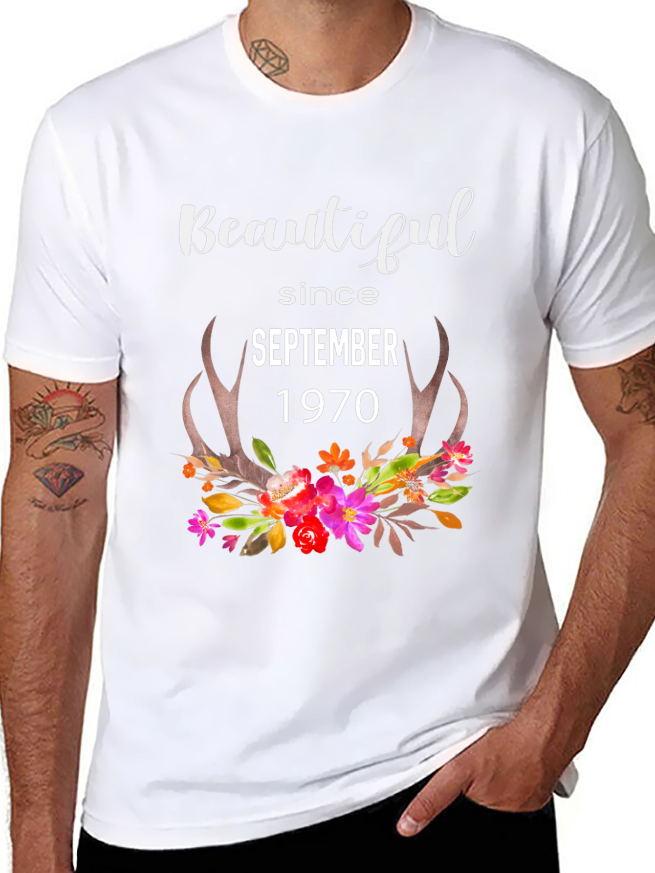 Beautiful Since September 1970 Floral Antler Tee