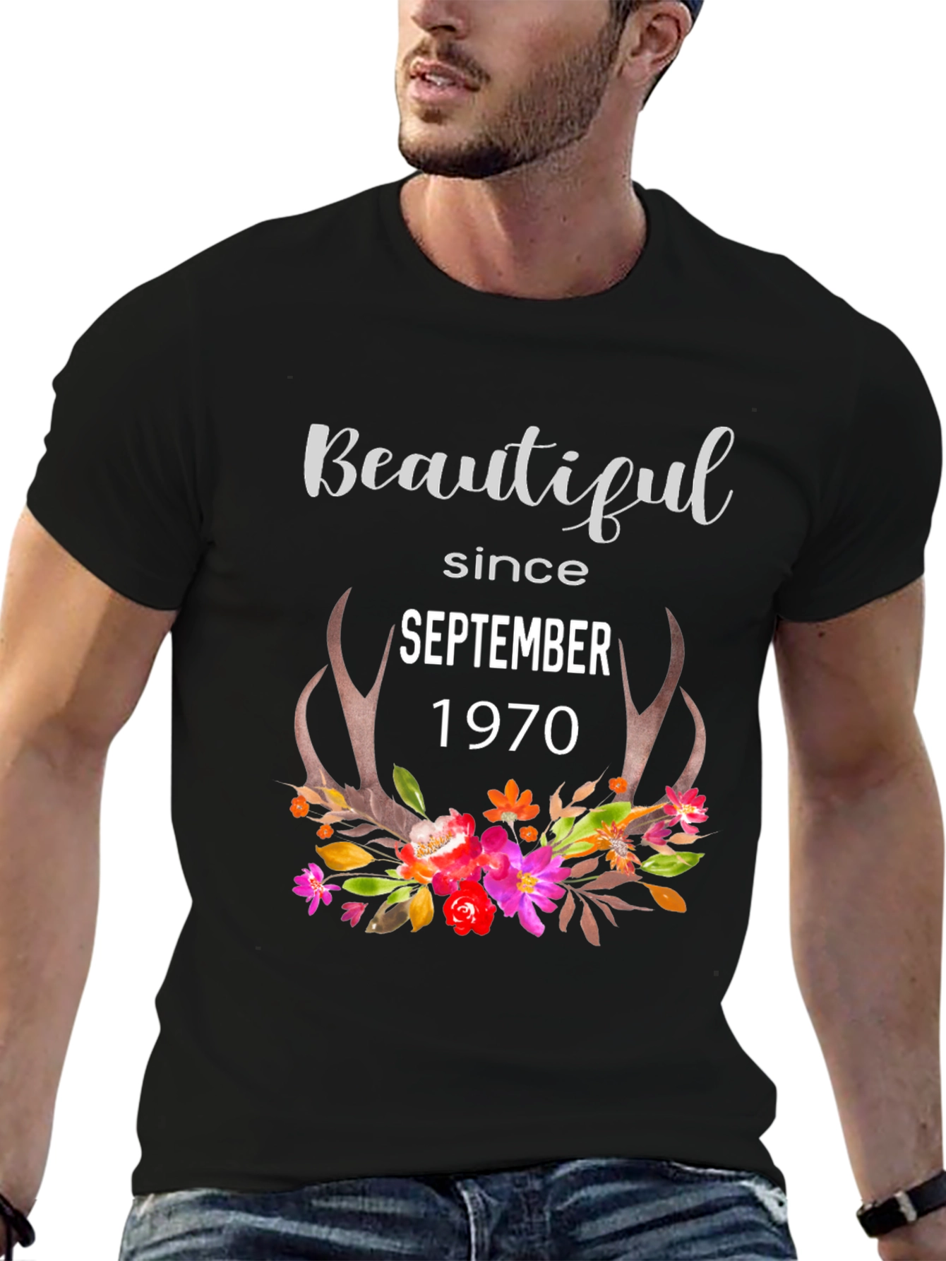 Beautiful Since September 1970 Floral Antler Tee
