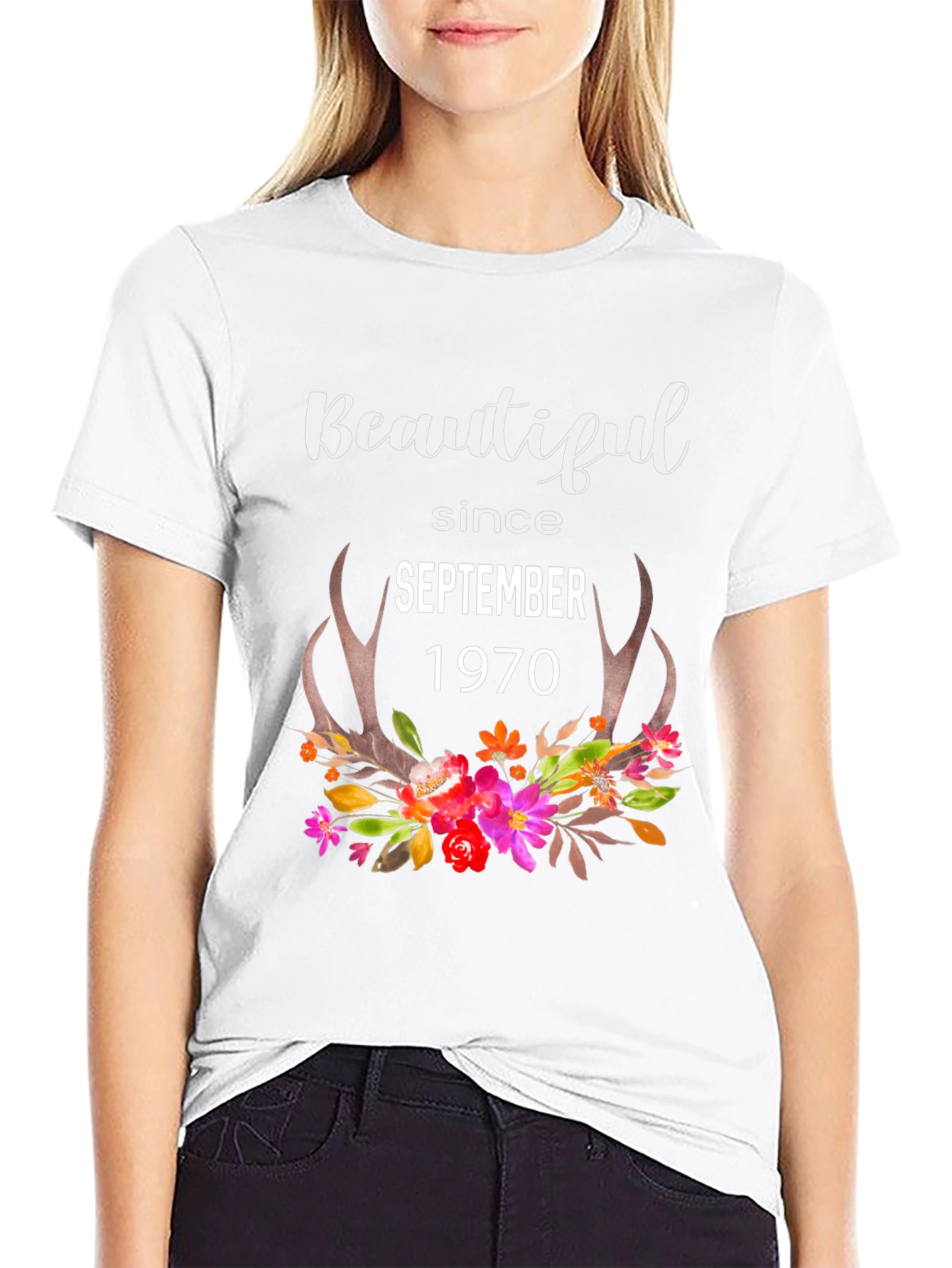 Beautiful Since September 1970 Floral Antler Tee