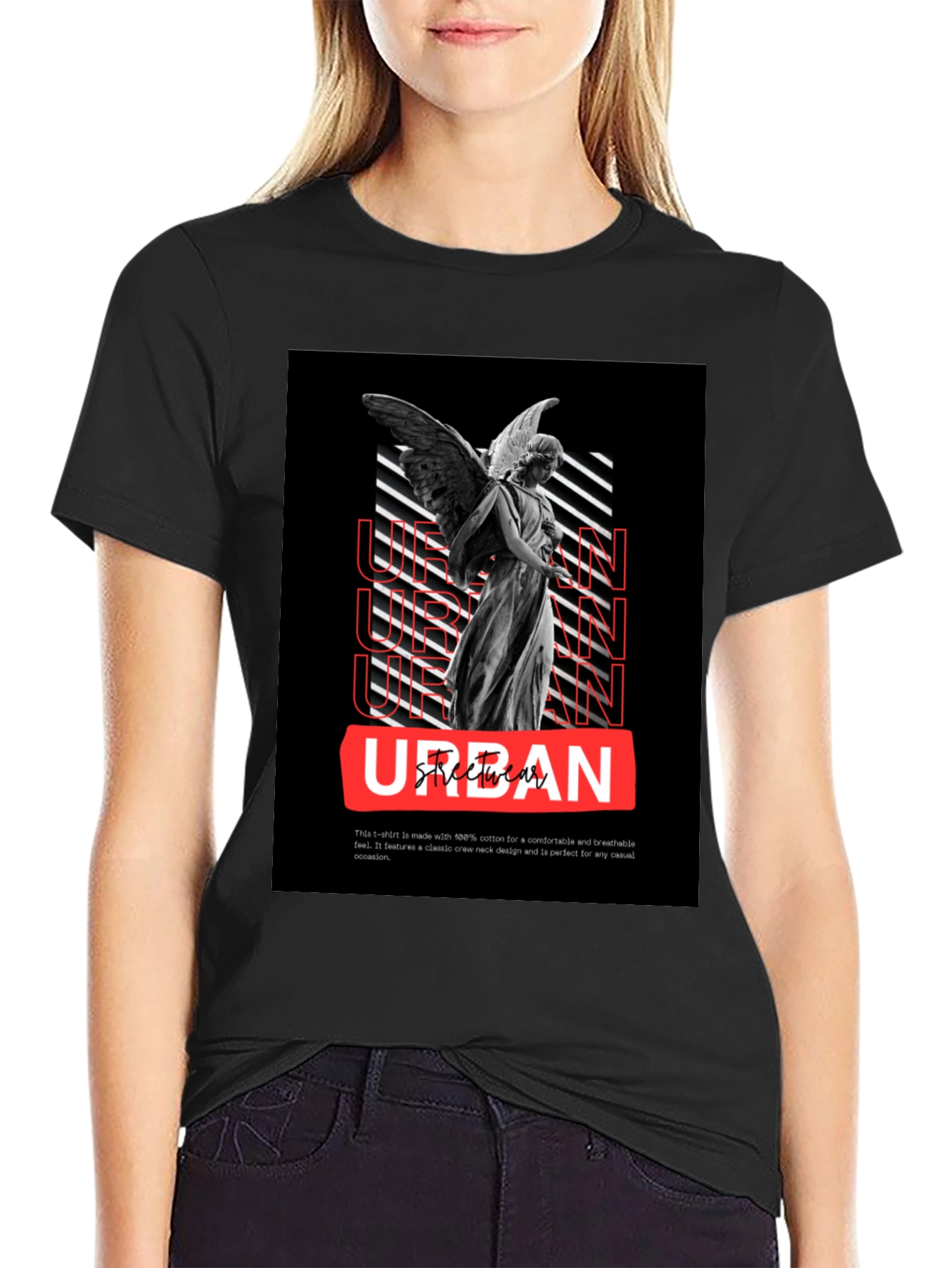 Urban Angel Graphic Tee - Black Cotton Casual T-Shirt