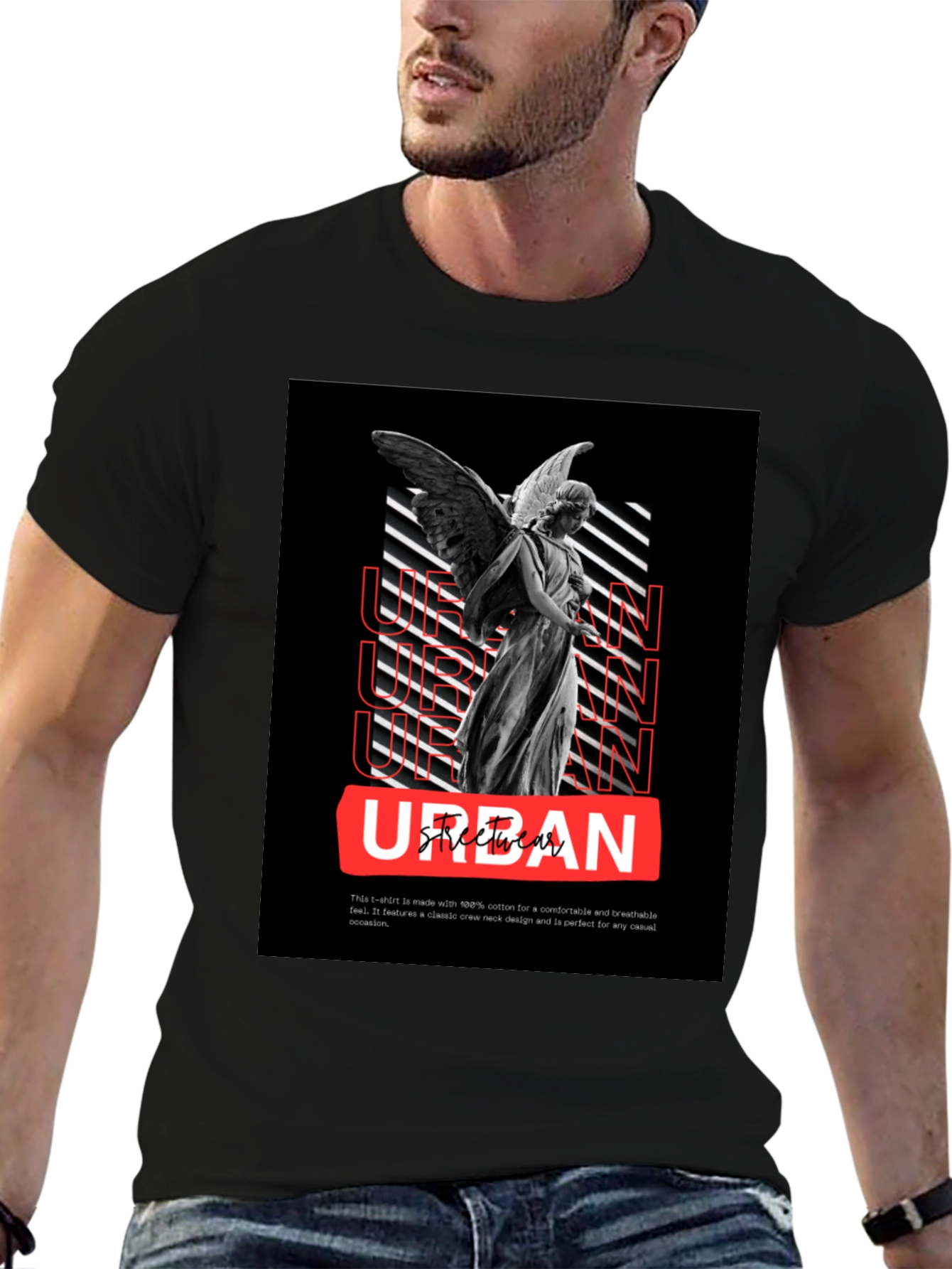 Urban Angel Graphic Tee - Black Cotton Casual T-Shirt