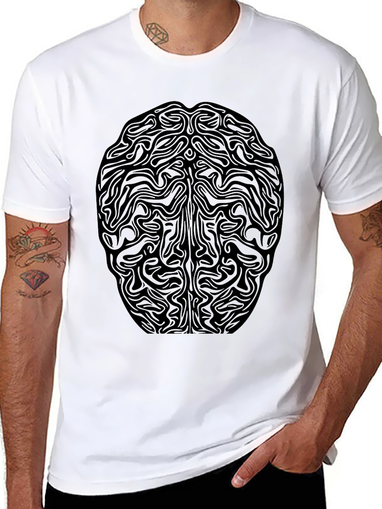 Abstract Brain Graphic Tee - Black Cotton T-Shirt