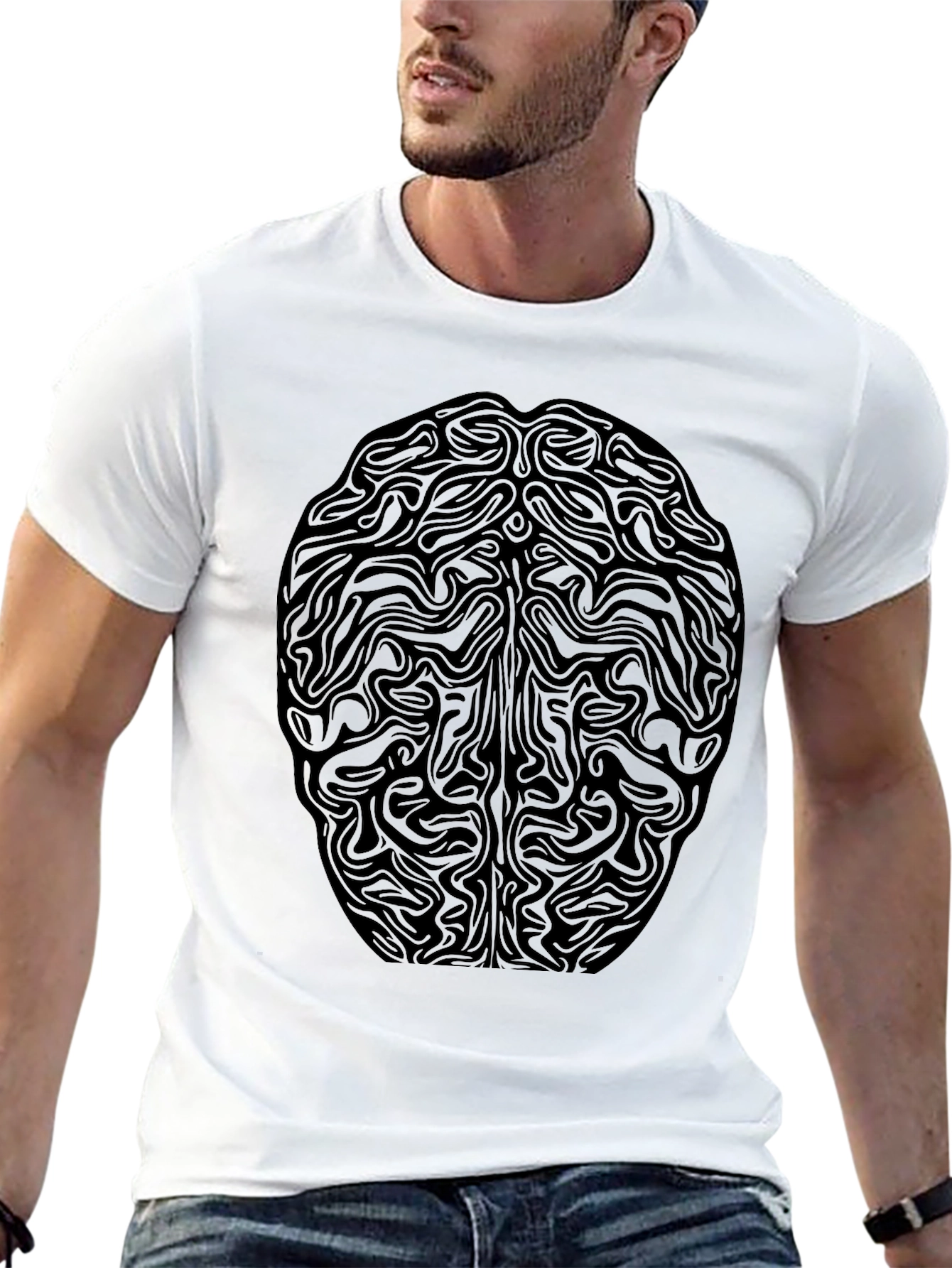 Abstract Brain Graphic Tee - Black Cotton T-Shirt