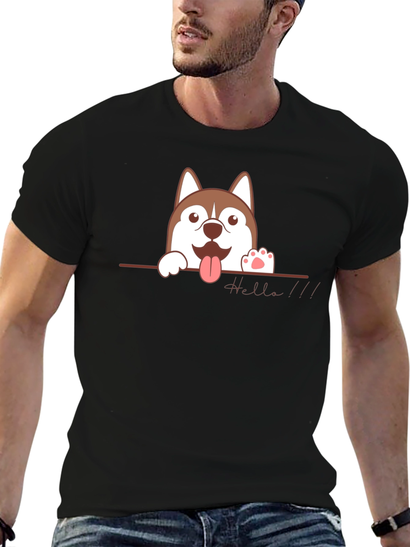 Cute Husky Hello Black T-Shirt
