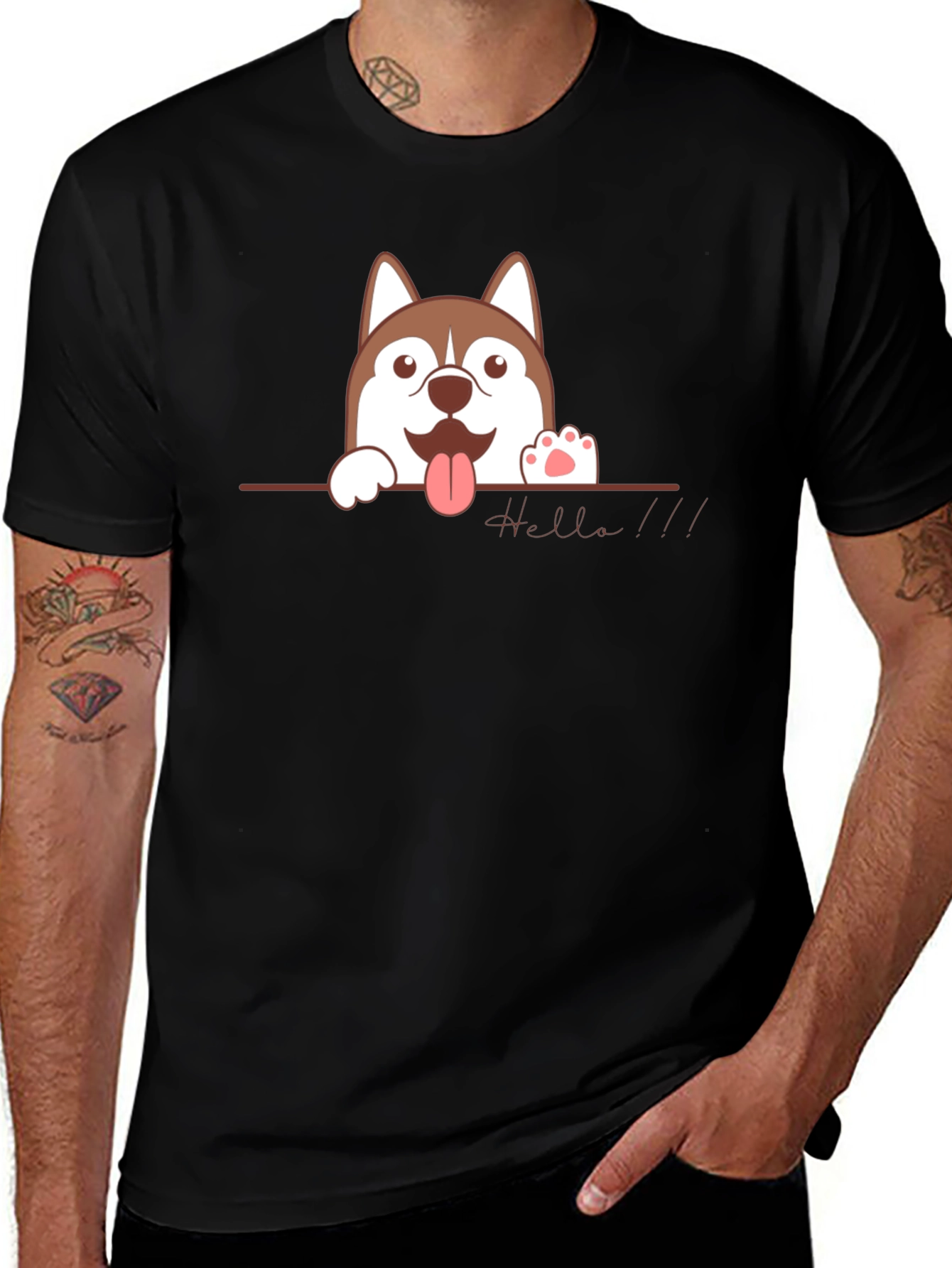 Cute Husky Hello Black T-Shirt