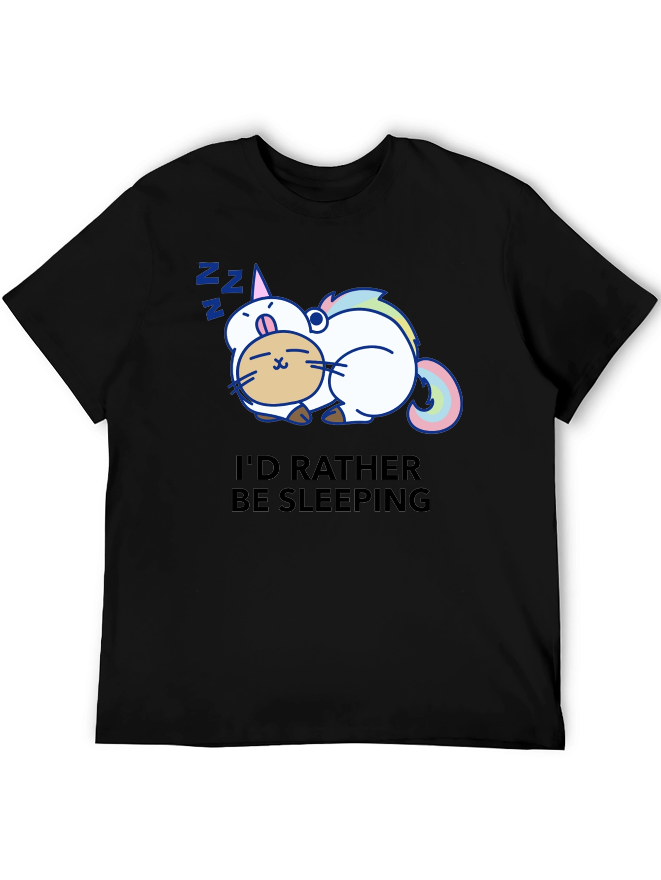 Cute Sleeping Unicorn Cat Black T-Shirt
