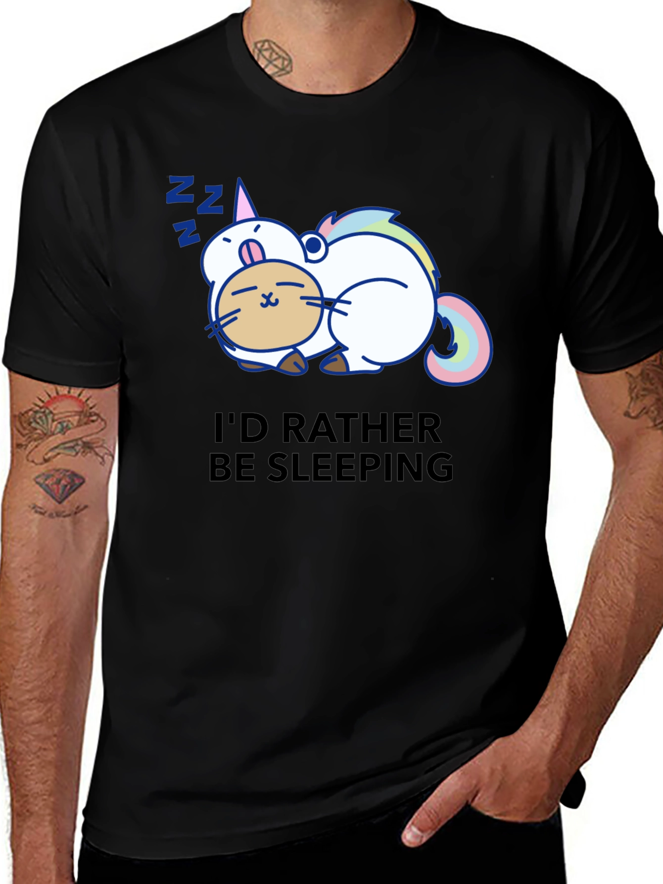 Cute Sleeping Unicorn Cat Black T-Shirt