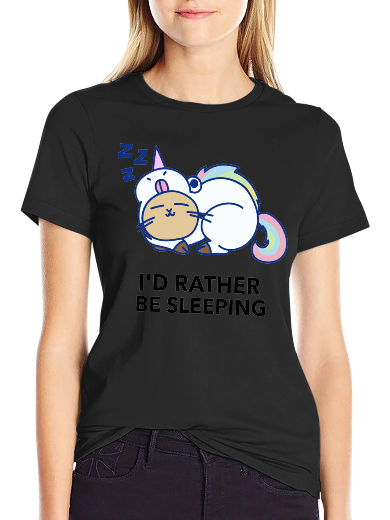 Cute Sleeping Unicorn Cat Black T-Shirt
