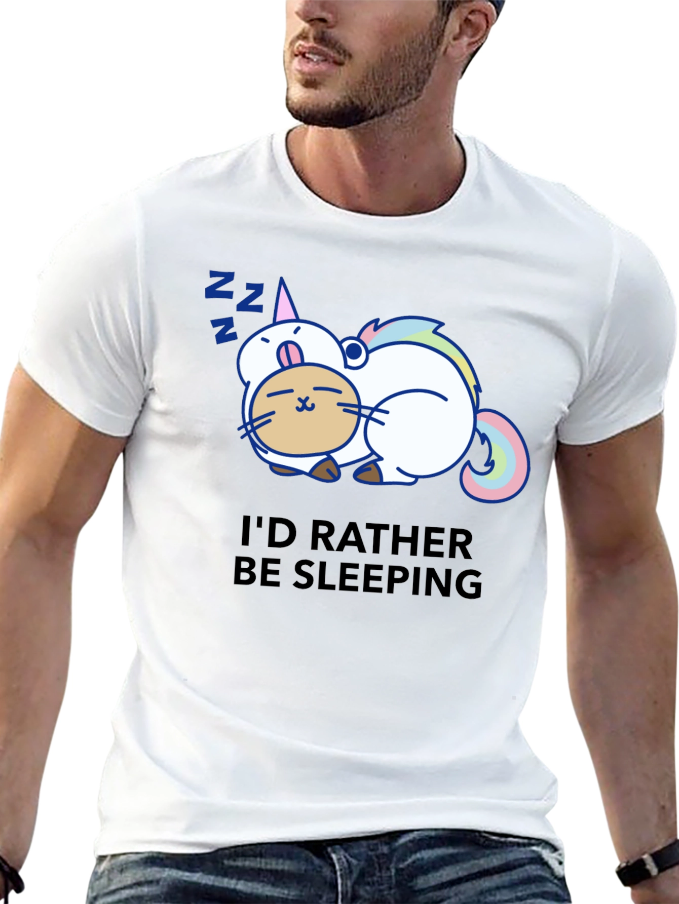 Cute Sleeping Unicorn Cat Black T-Shirt