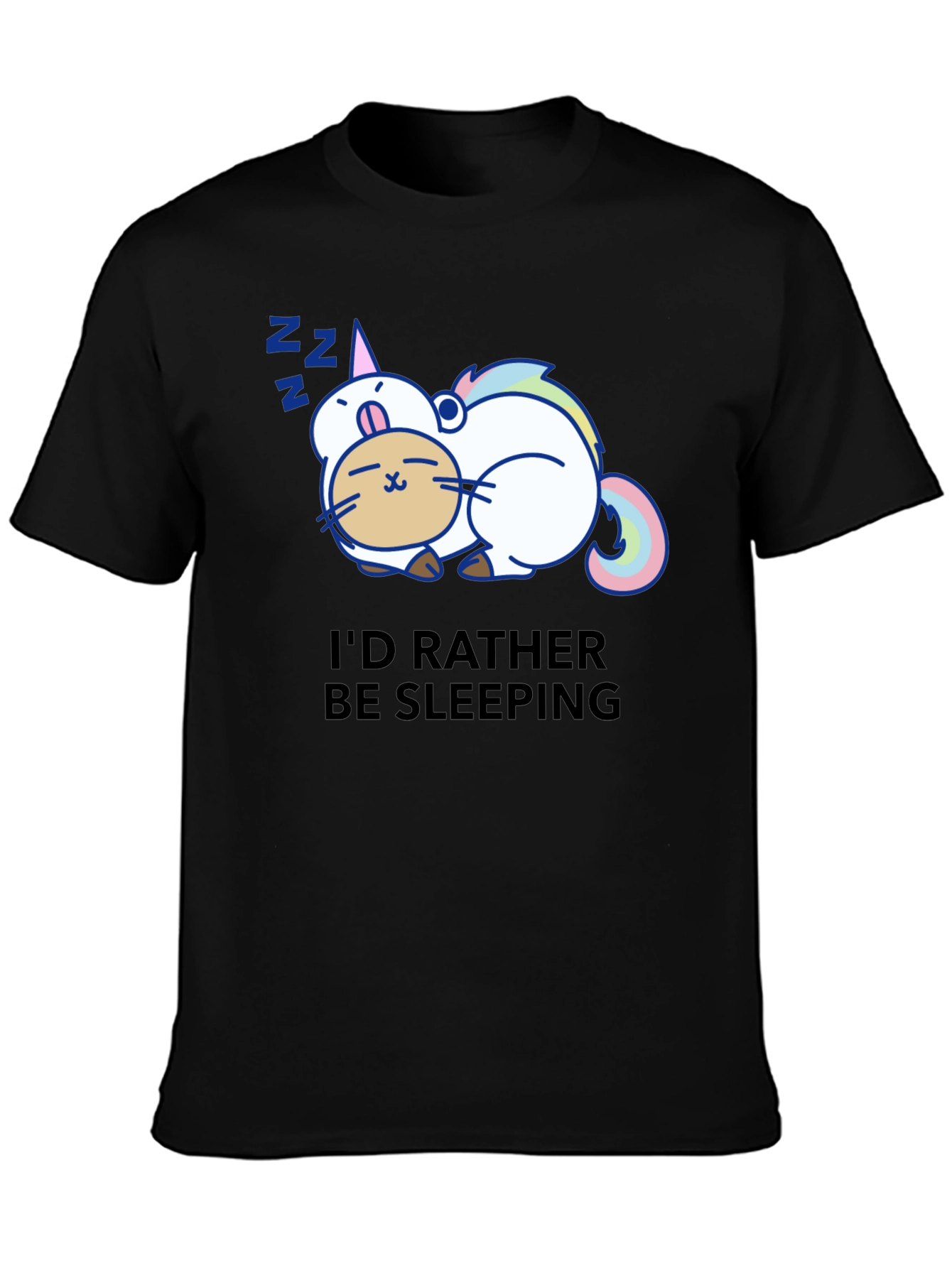 Cute Sleeping Unicorn Cat Black T-Shirt