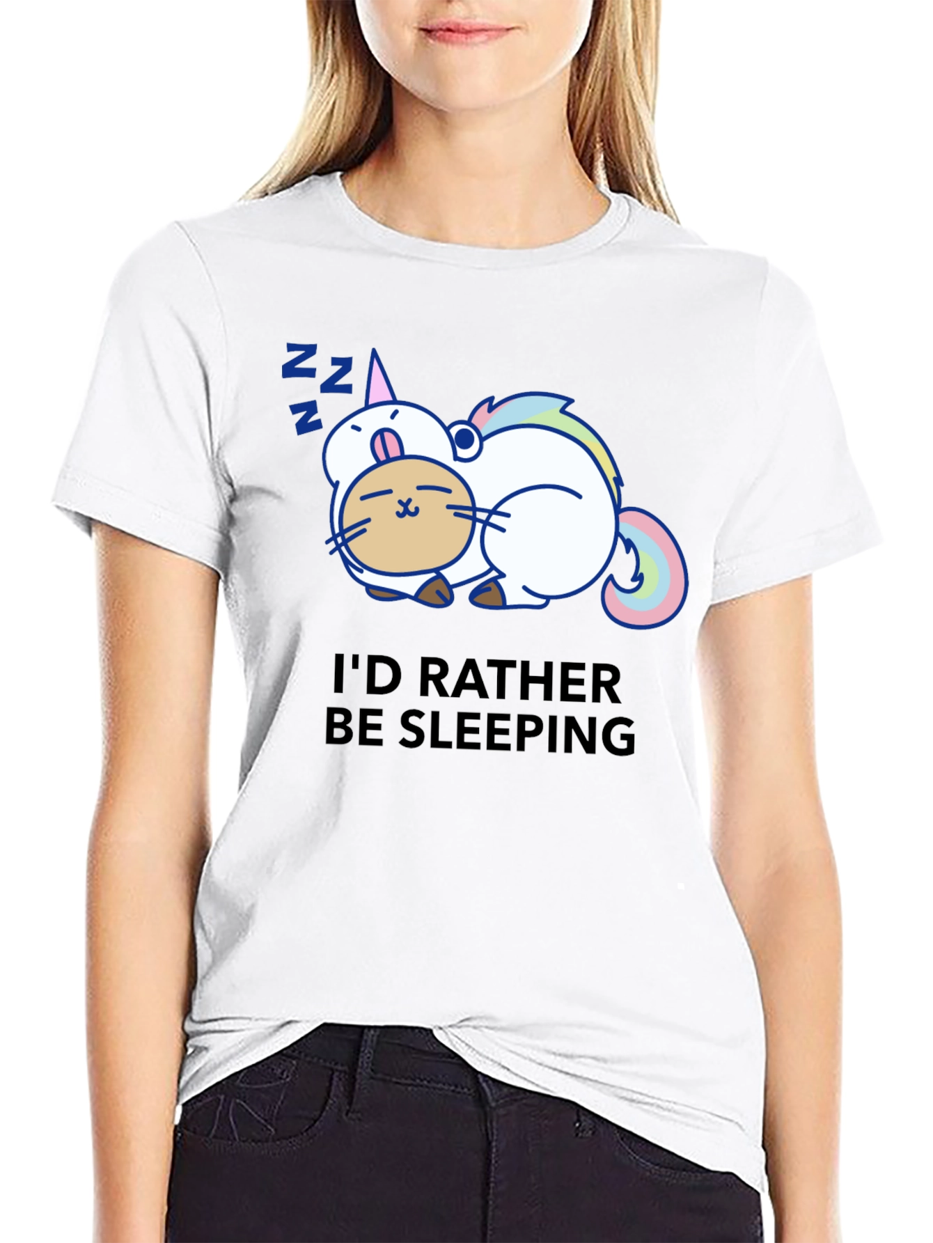 Cute Sleeping Unicorn Cat Black T-Shirt