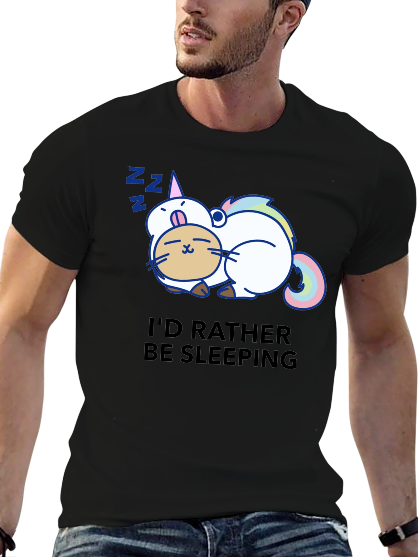 Cute Sleeping Unicorn Cat Black T-Shirt
