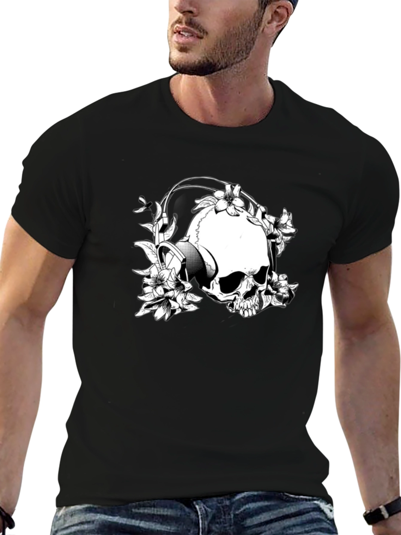 Skull & Flowers Graphic T-Shirt - Black