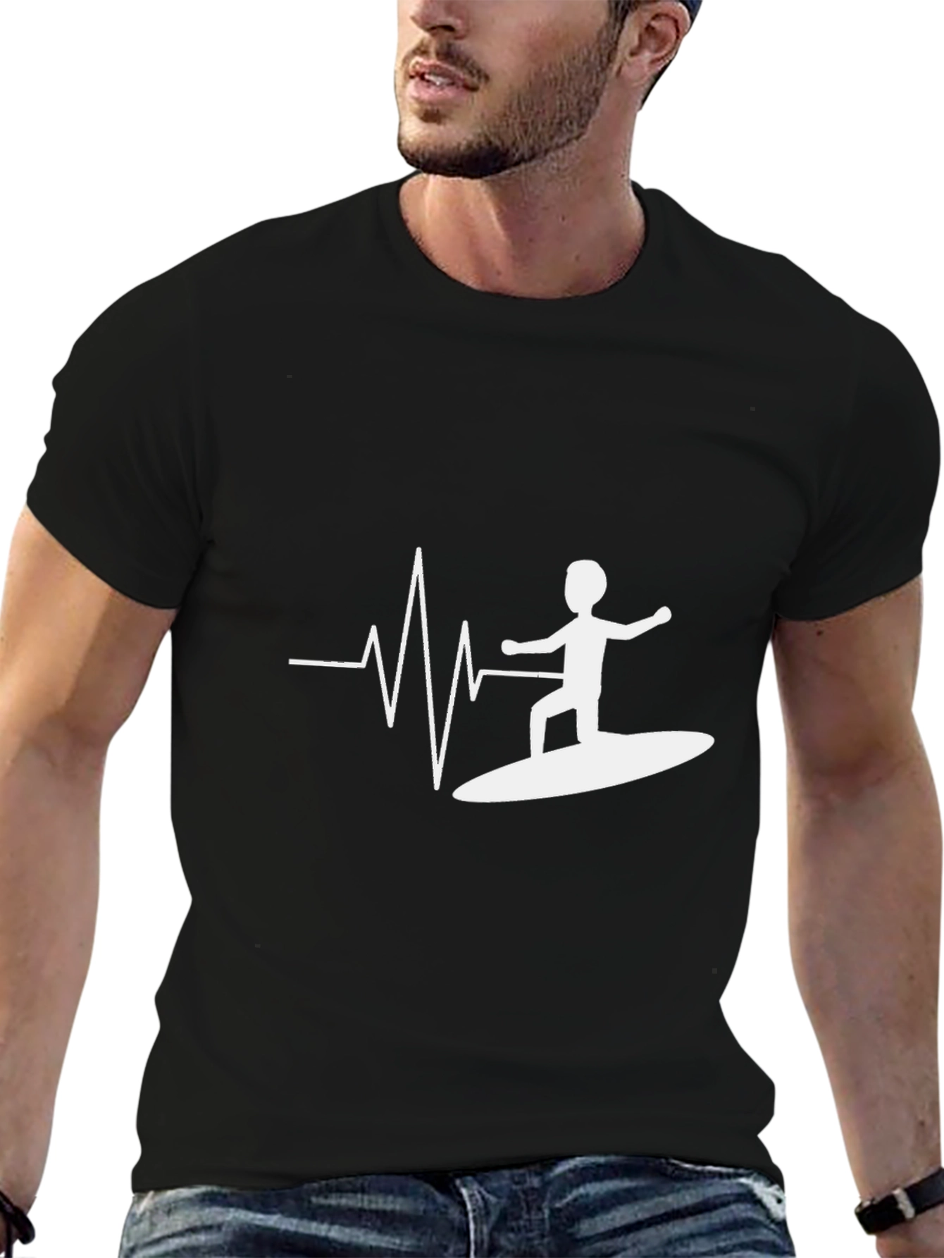 Surfing Heartbeat Tee - Black Cotton Graphic T-Shirt