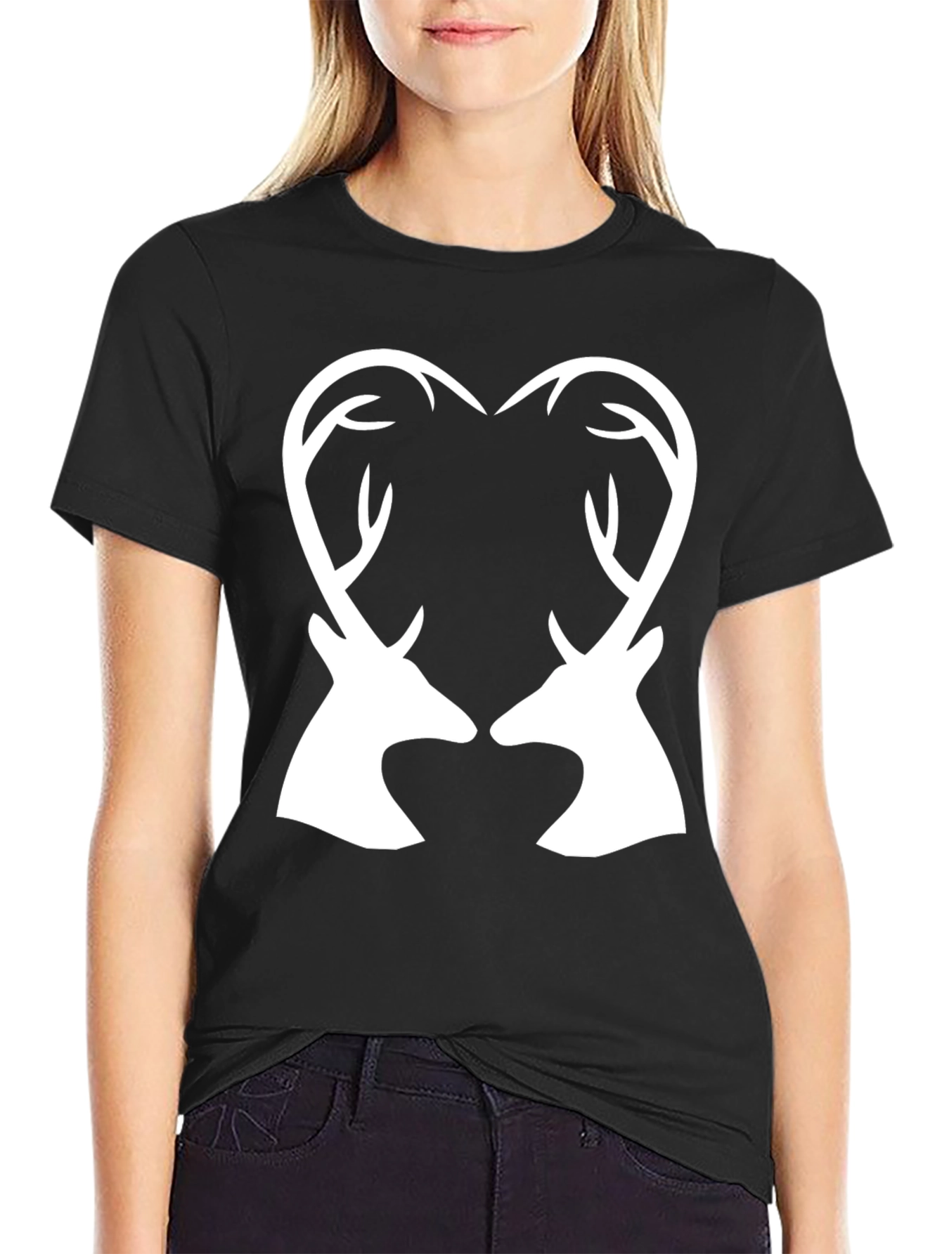Deer Heart Antler Graphic Tee - Black Cotton