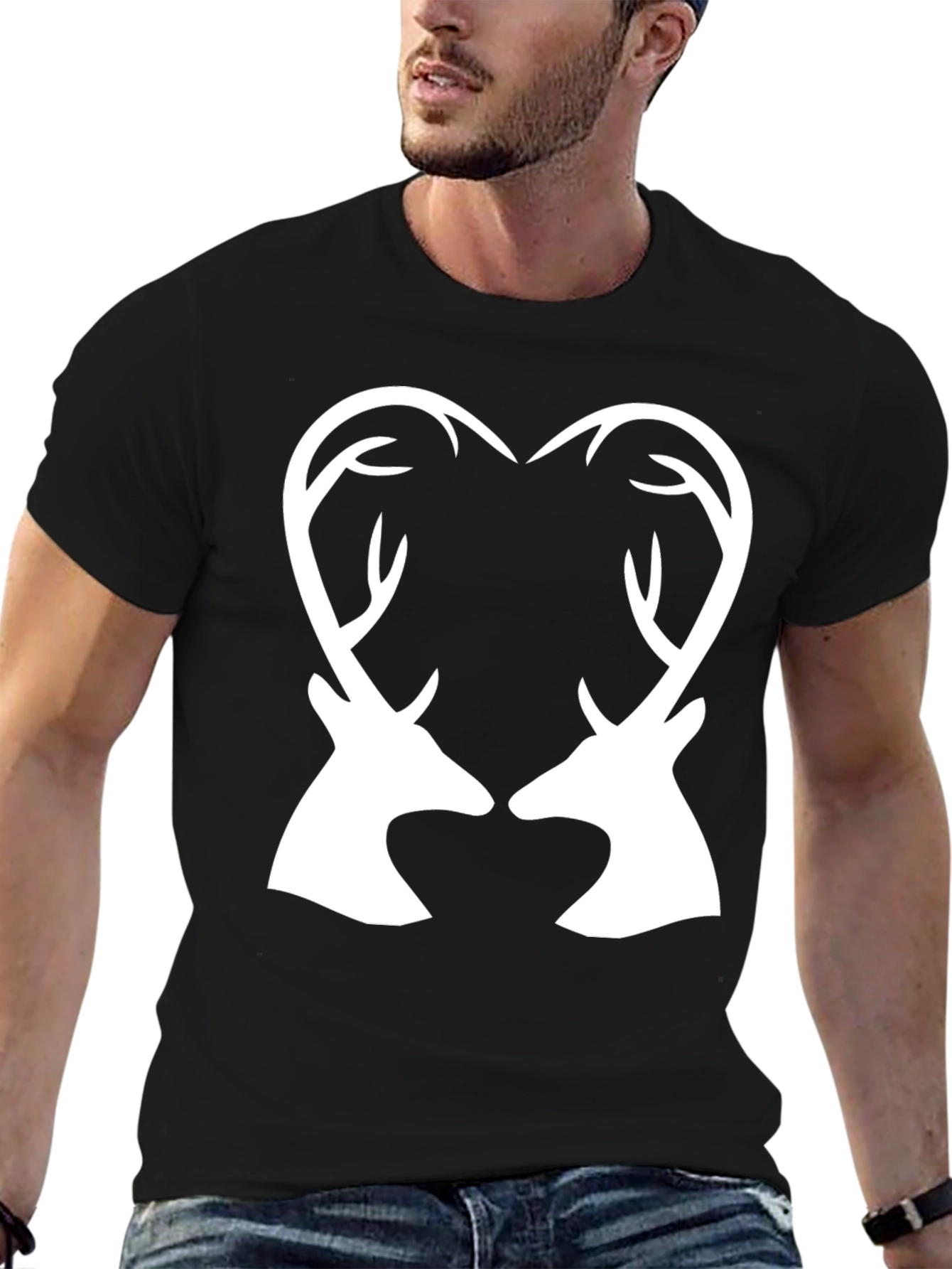 Deer Heart Antler Graphic Tee - Black Cotton