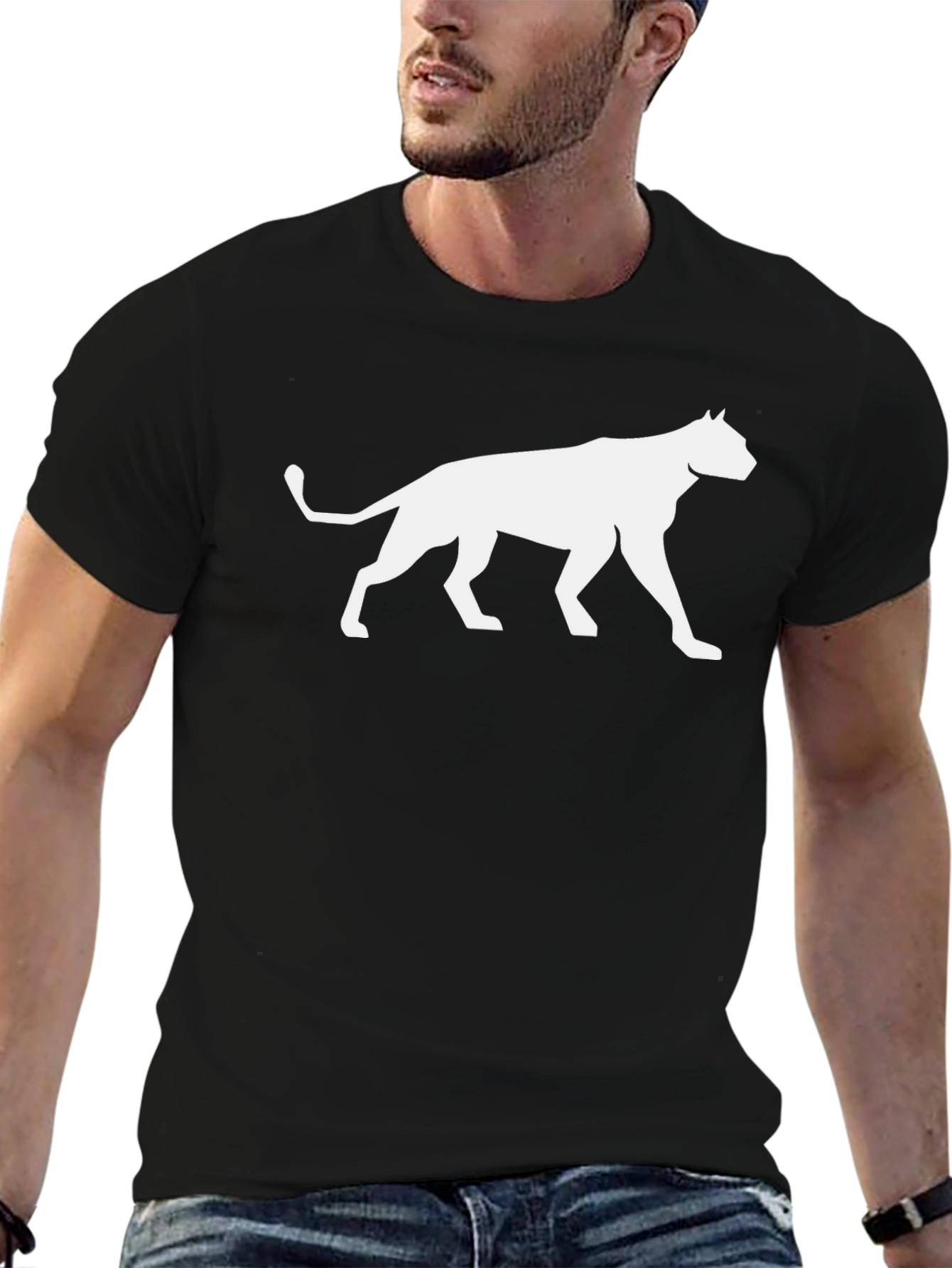 Black T-Shirt with White Cat Silhouette Graphic
