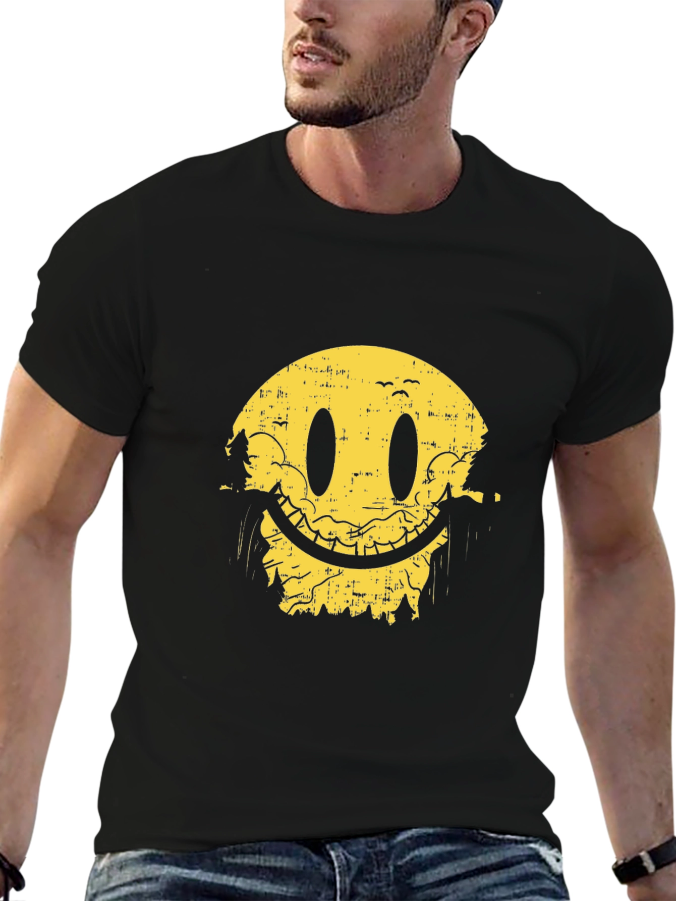Smiley Face Nature Scene Black T-Shirt