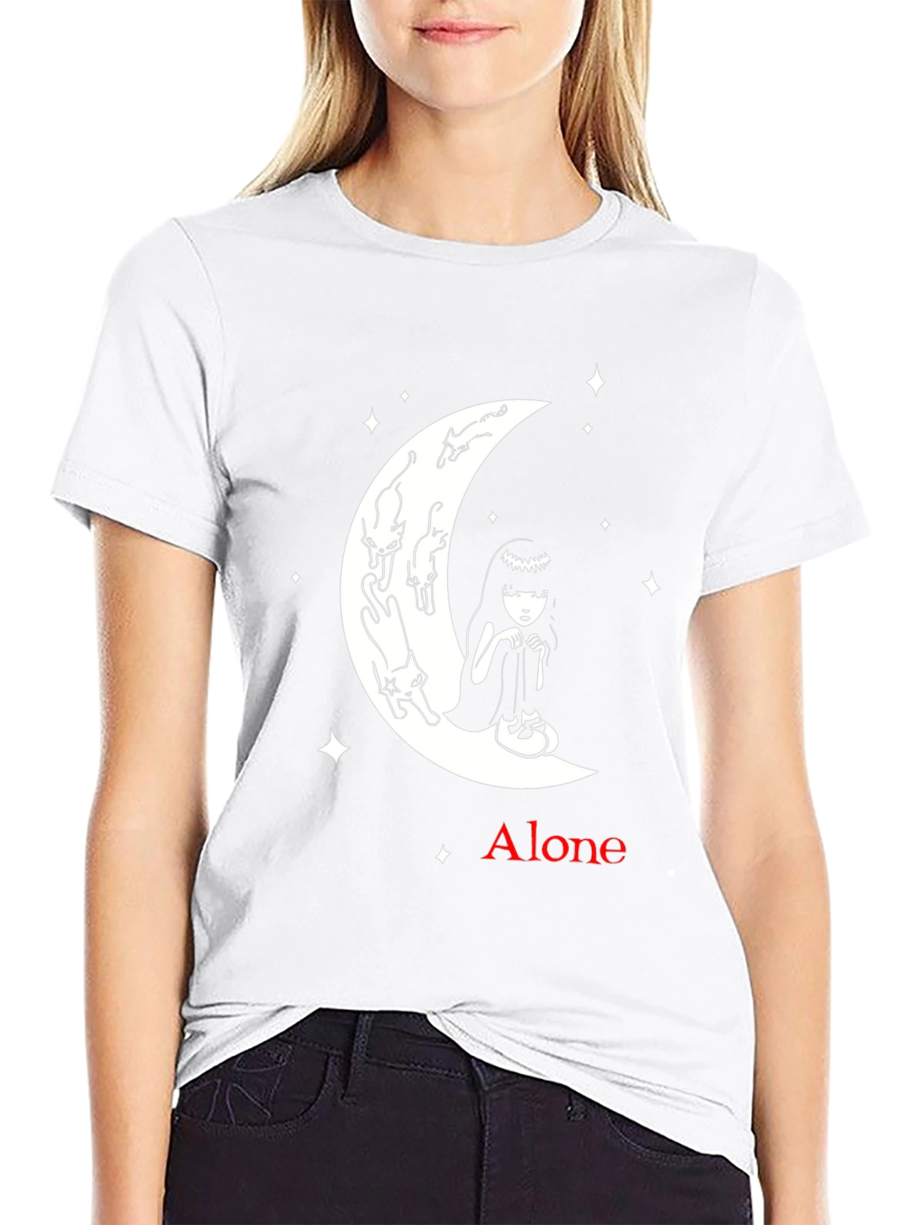 Alone Girl and Cats on Moon Graphic T-Shirt