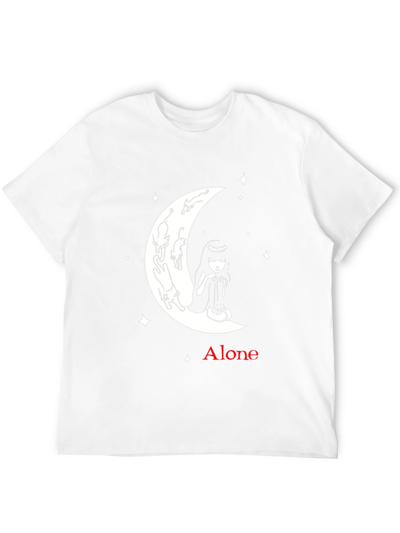 Alone Girl and Cats on Moon Graphic T-Shirt