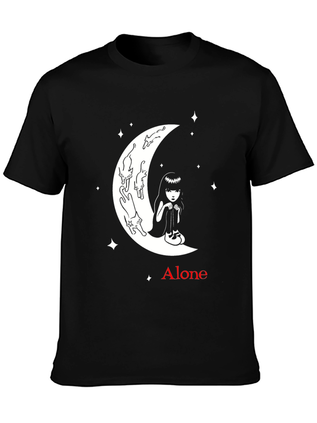 Alone Girl and Cats on Moon Graphic T-Shirt