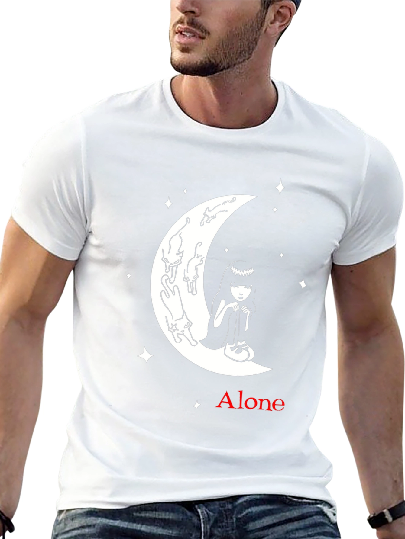 Alone Girl and Cats on Moon Graphic T-Shirt