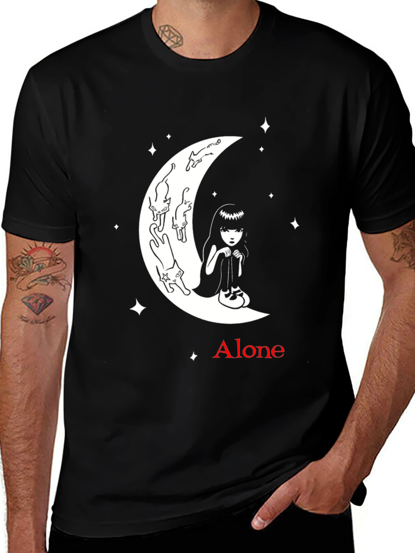 Alone Girl and Cats on Moon Graphic T-Shirt