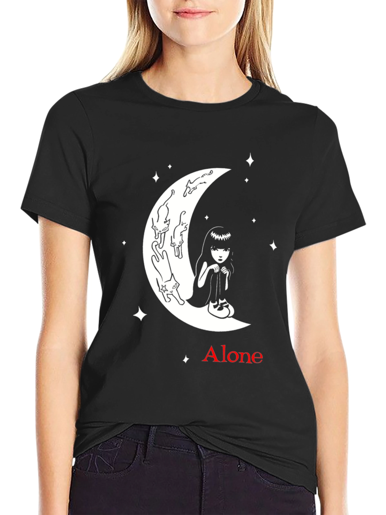 Alone Girl and Cats on Moon Graphic T-Shirt