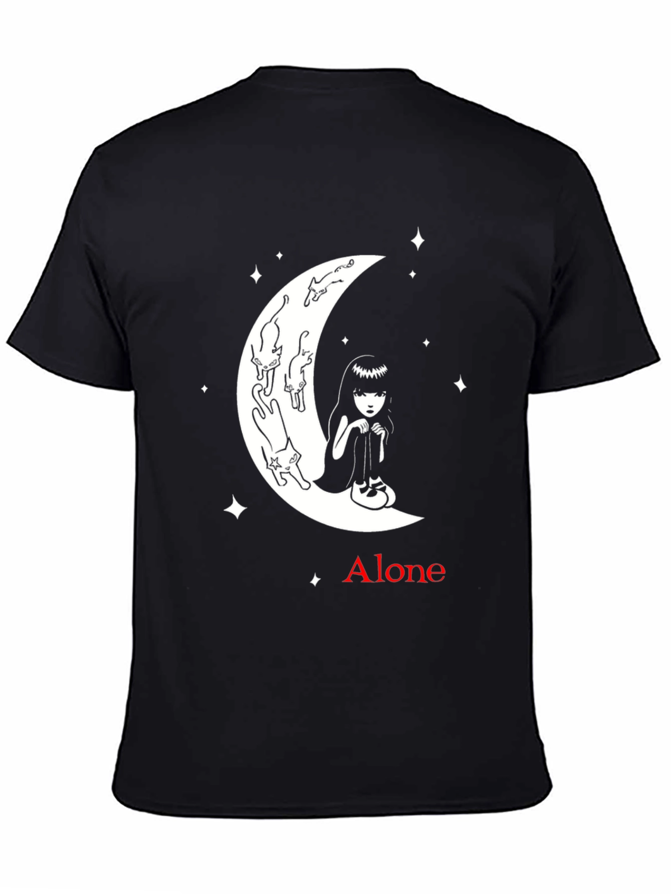 Alone Girl and Cats on Moon Graphic T-Shirt