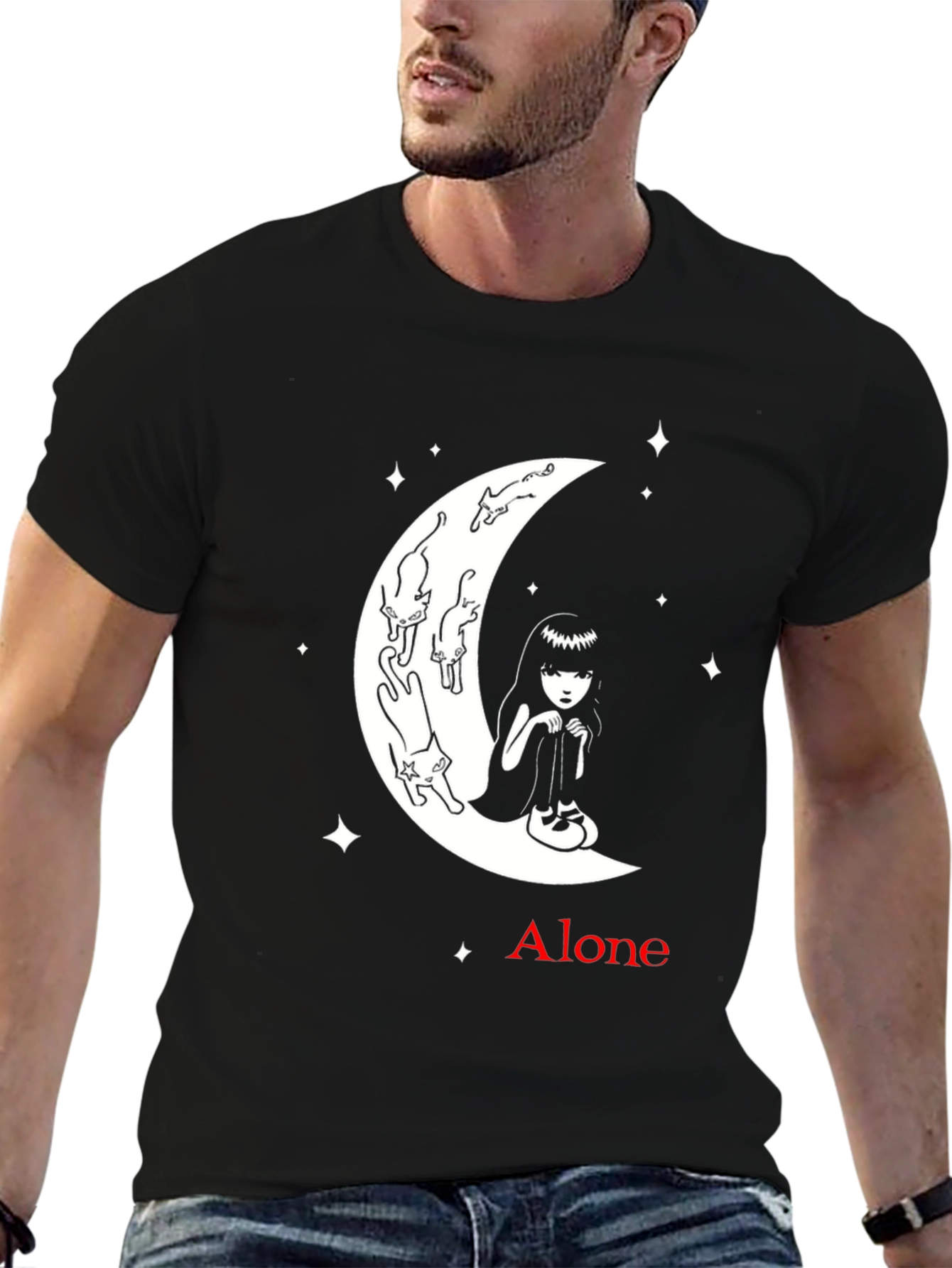 Alone Girl and Cats on Moon Graphic T-Shirt