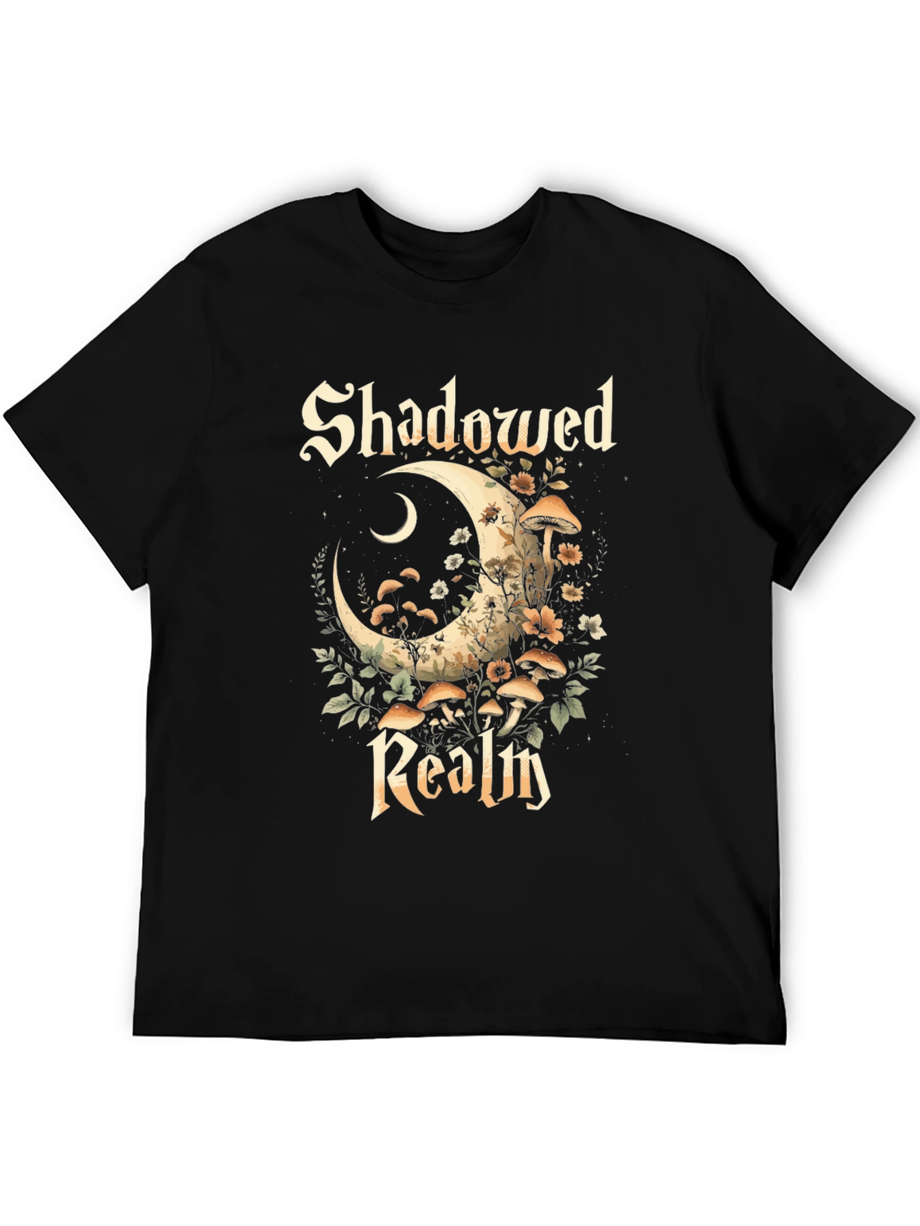 Shadowed Realm Graphic Tee - Moon & Mushroom Design