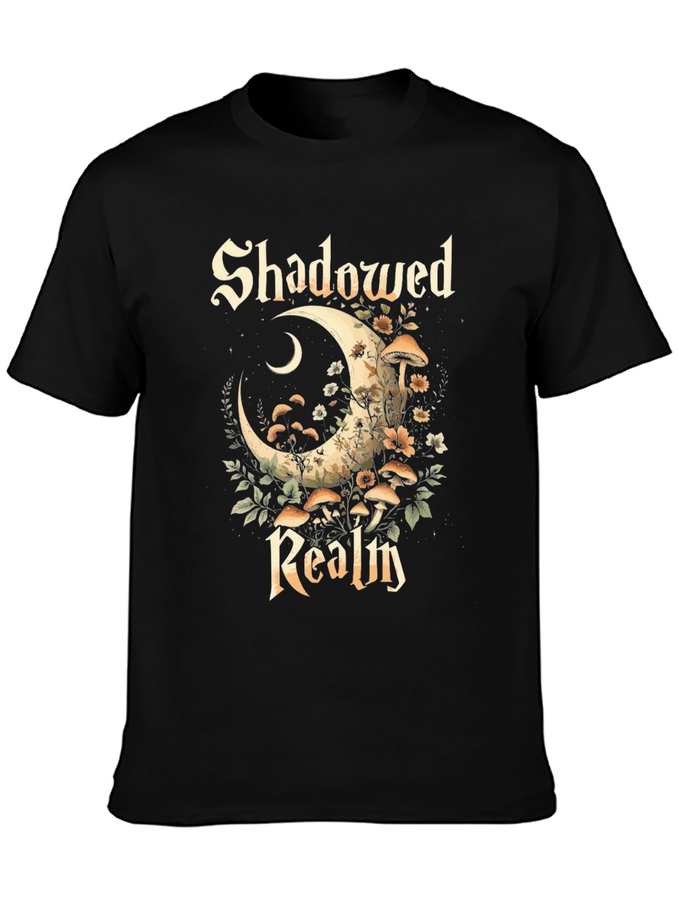 Shadowed Realm Graphic Tee - Moon & Mushroom Design