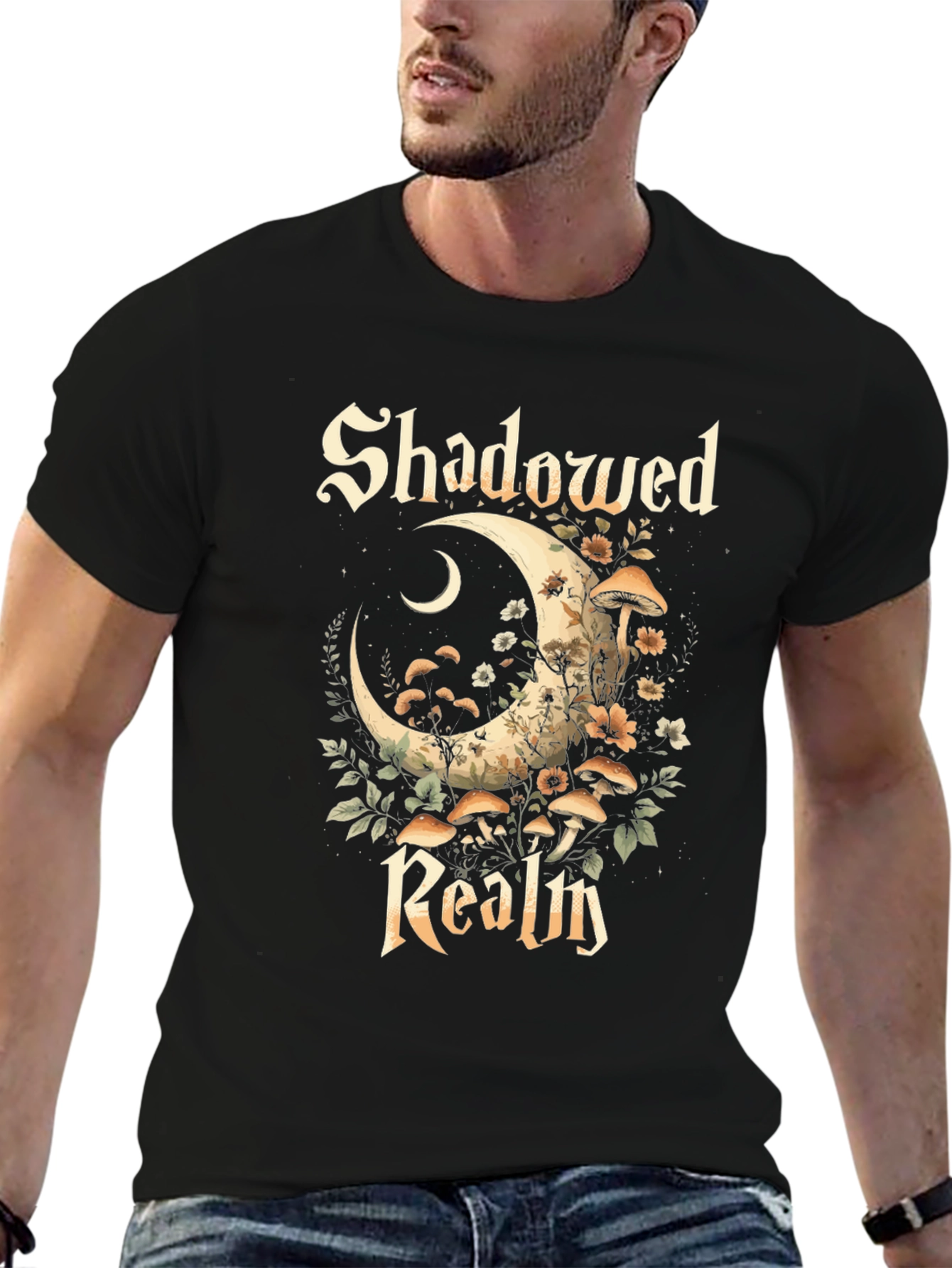Shadowed Realm Graphic Tee - Moon & Mushroom Design