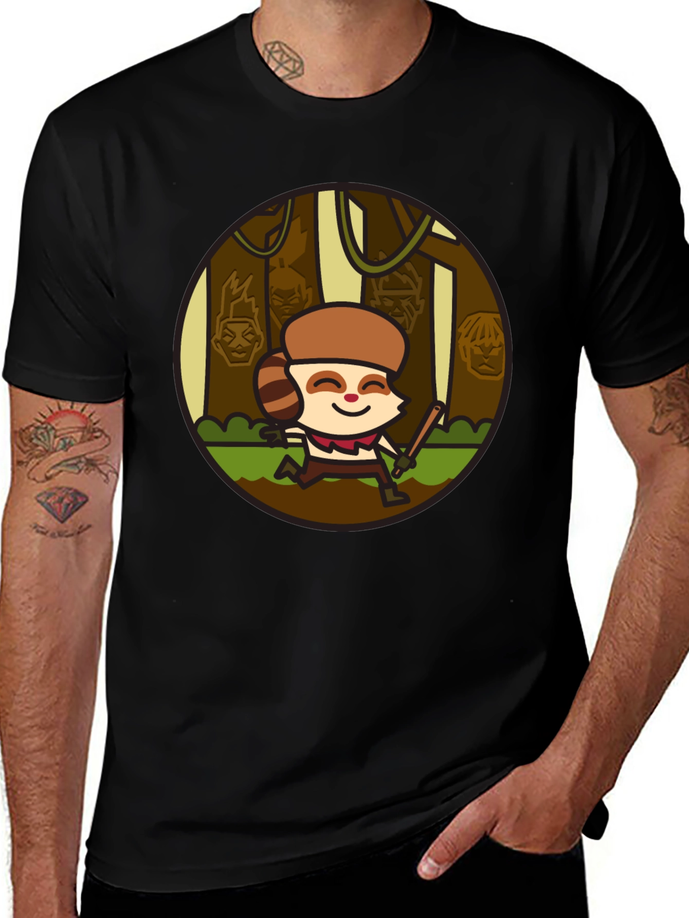 Funny Raccoon Cartoon Graphic Black T-Shirt