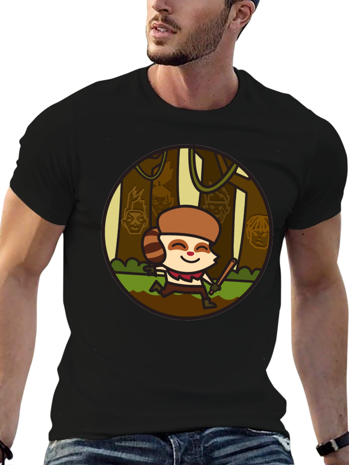 Funny Raccoon Cartoon Graphic Black T-Shirt