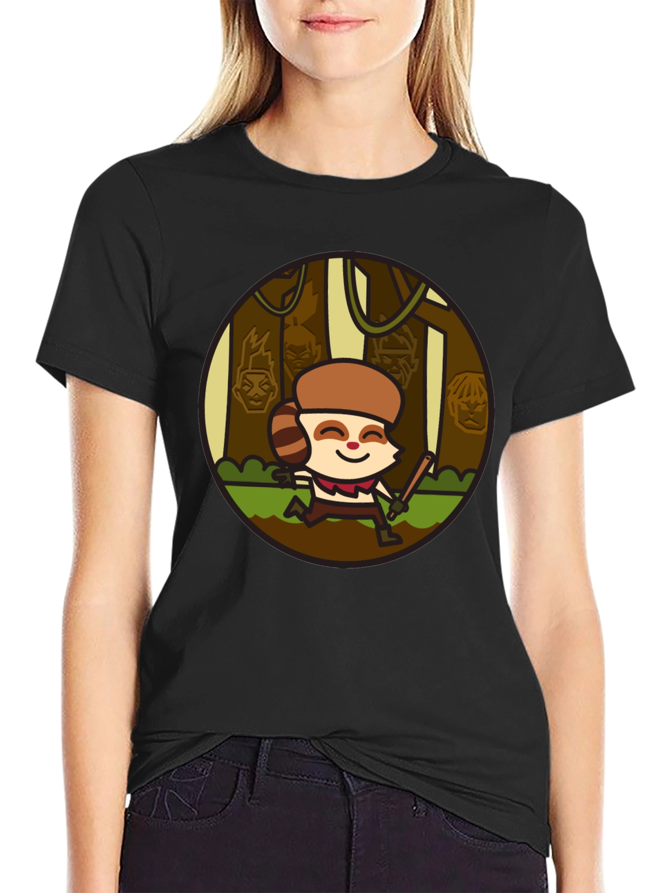 Funny Raccoon Cartoon Graphic Black T-Shirt