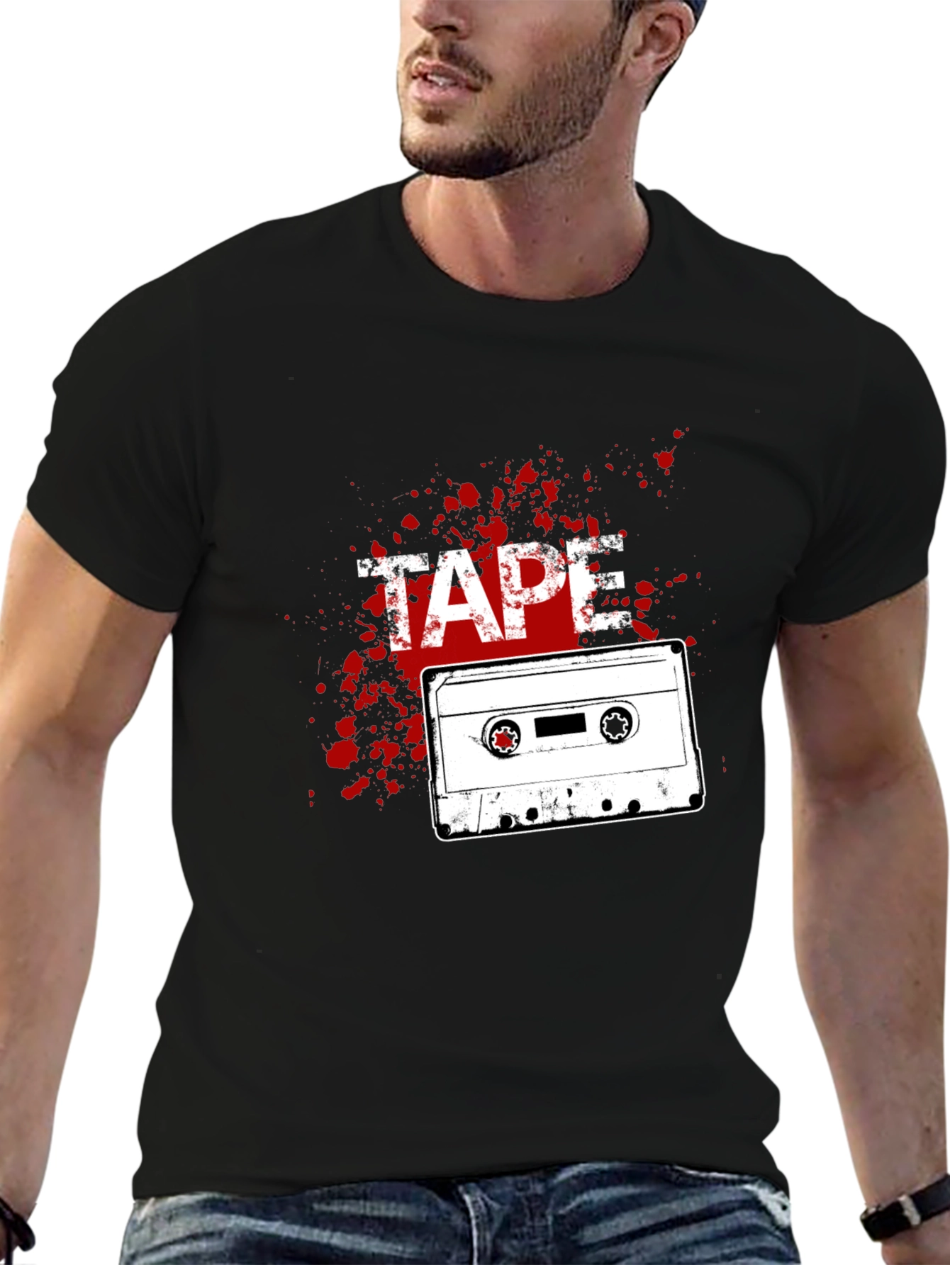 Retro Cassette Tape Graphic Tee - Black Cotton T-Shirt