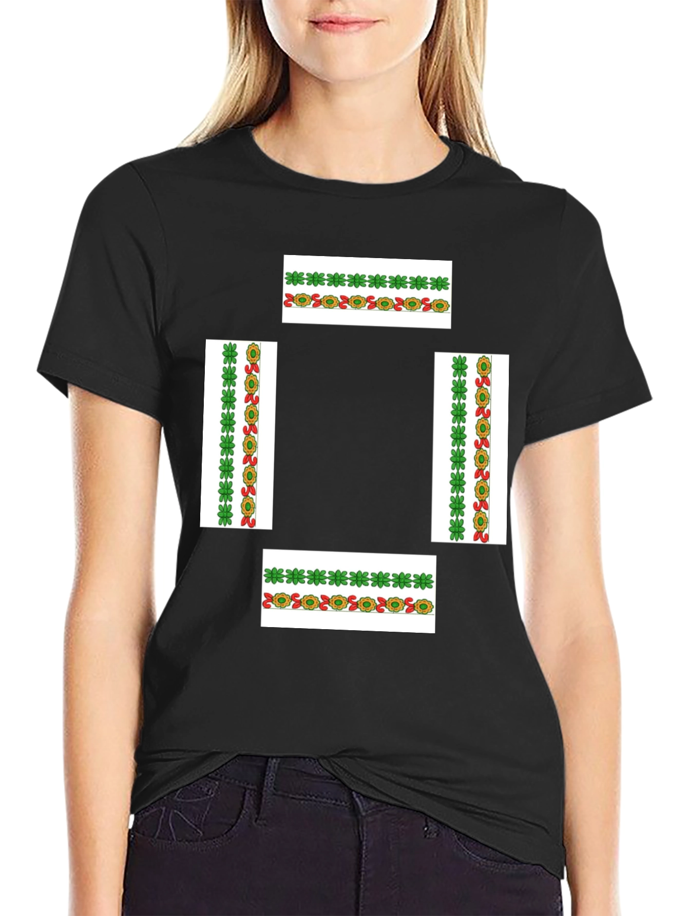 Black T-Shirt with Floral Pattern Design
