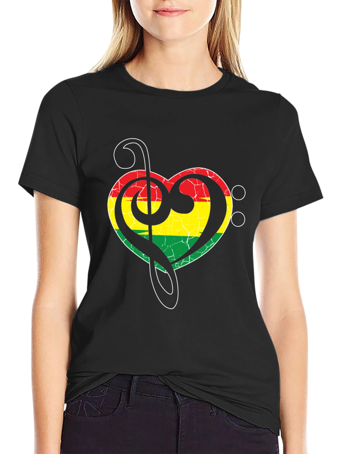 Rasta Heart Treble Clef Mens Black T-Shirt