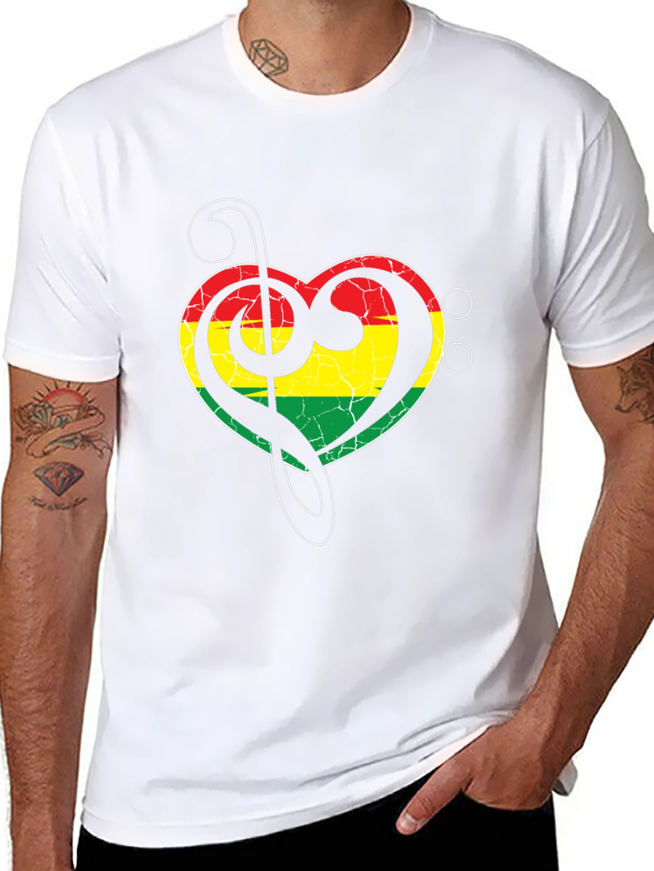 Rasta Heart Treble Clef Mens Black T-Shirt