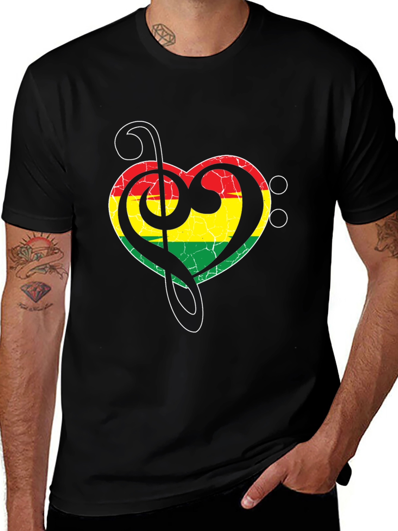 Rasta Heart Treble Clef Mens Black T-Shirt