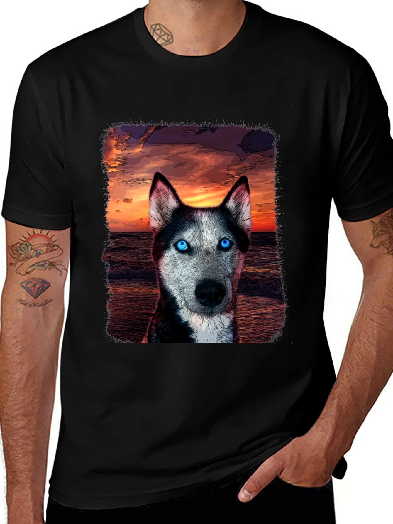 Husky Sunset Graphic Tee - Unique Dog Lover Shirt
