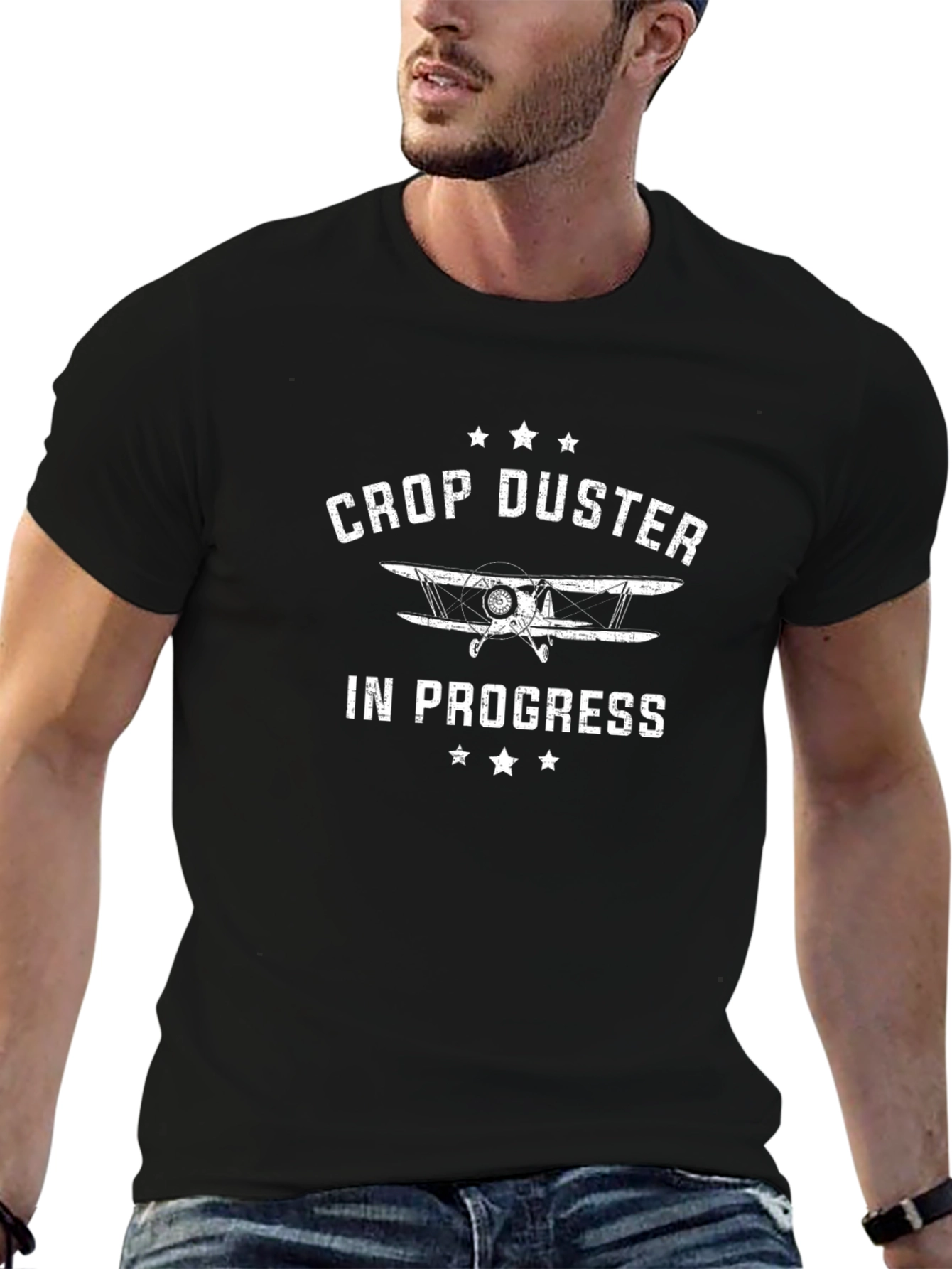 Crop Duster Airplane Black Graphic Tee